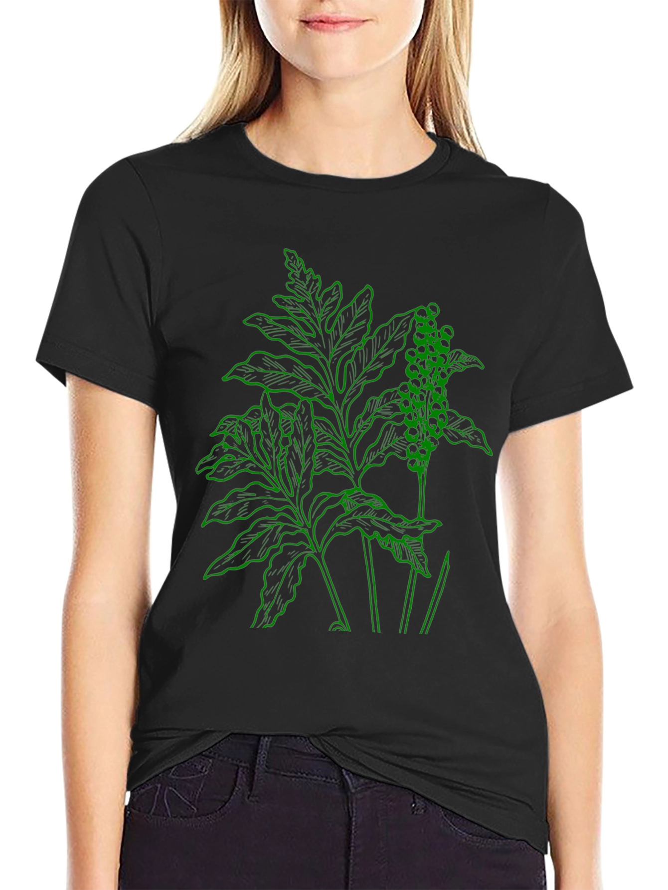 Botanical Green Graphic Black T-Shirt