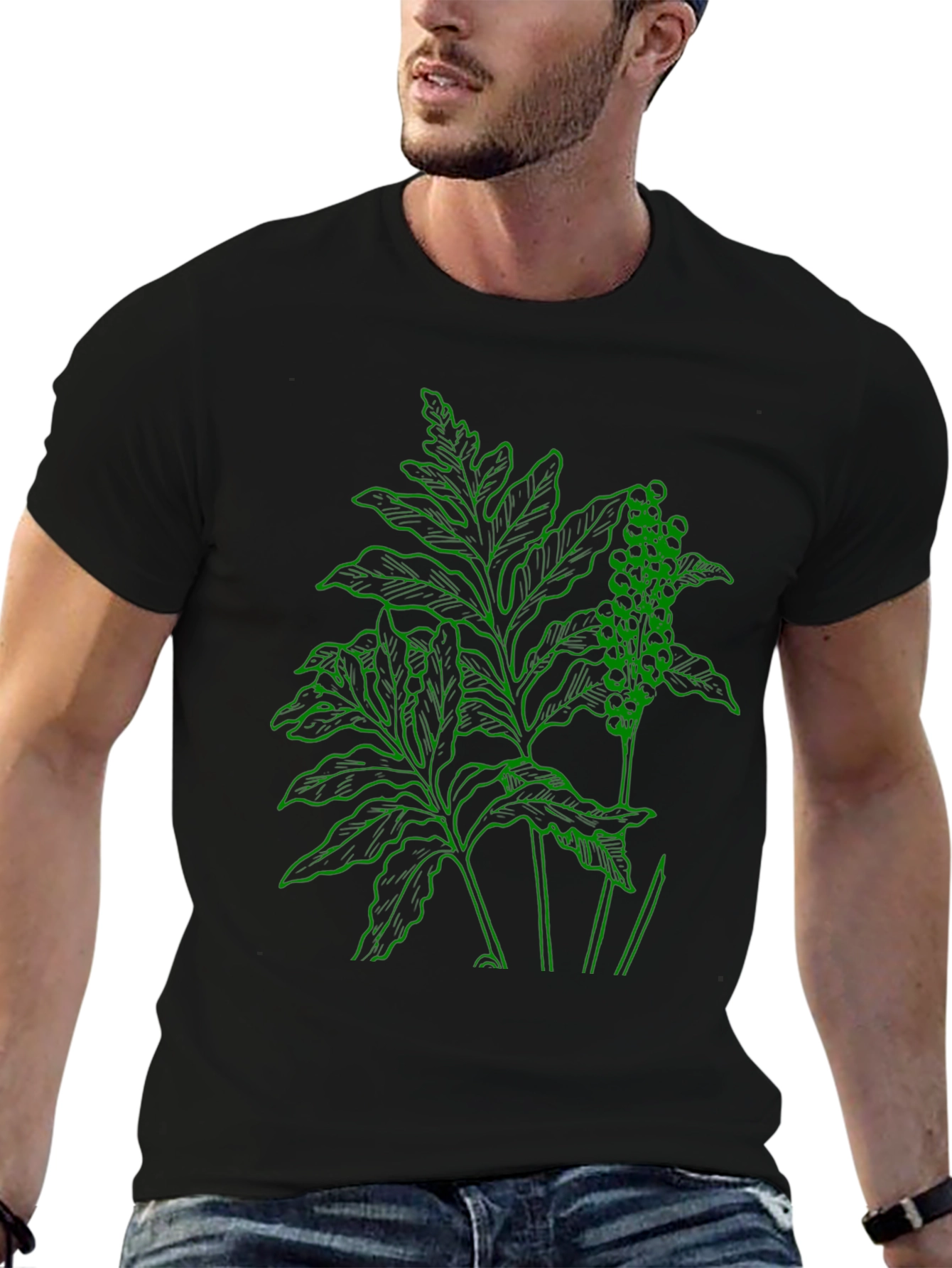 Botanical Green Graphic Black T-Shirt