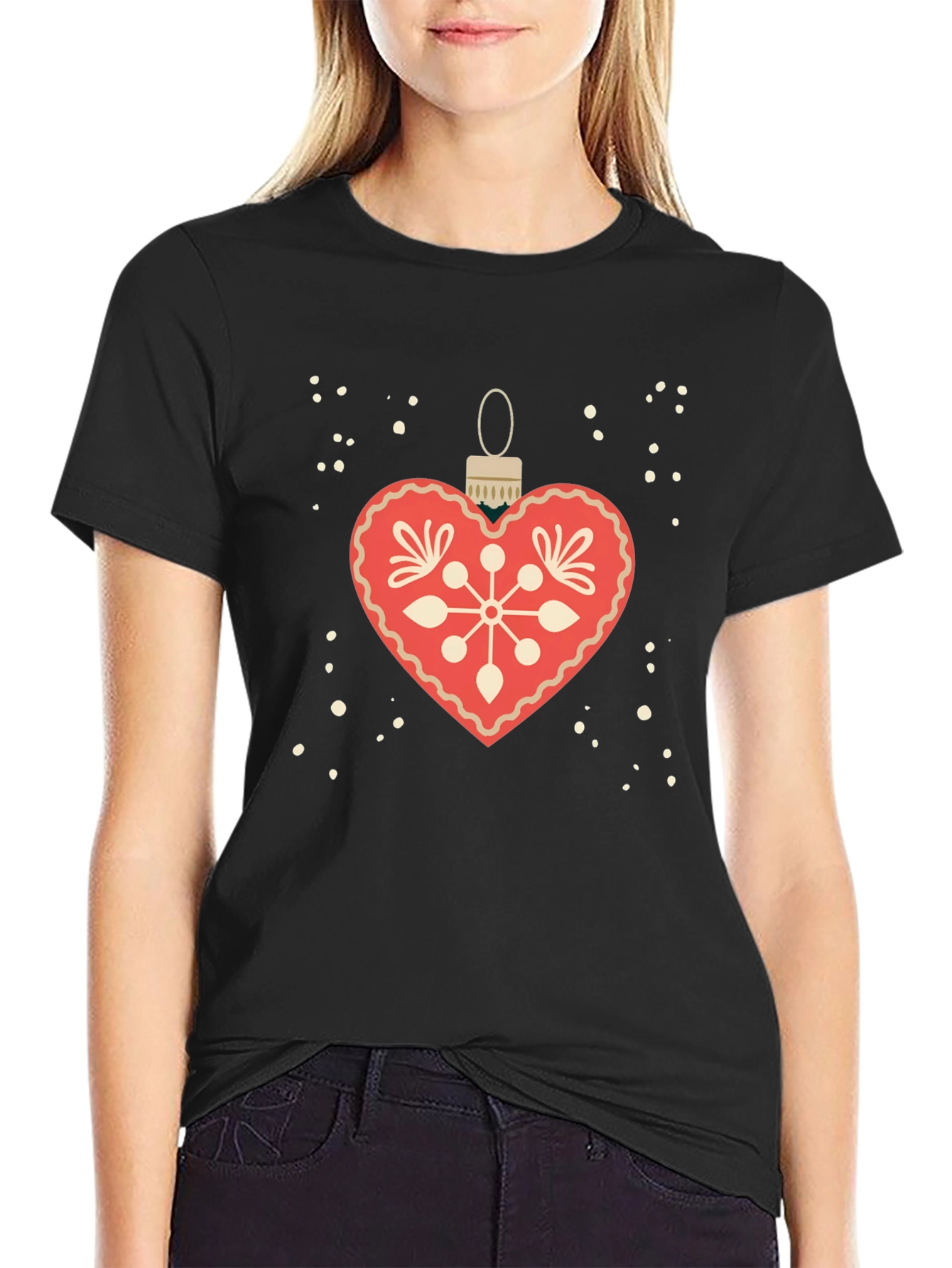 Festive Heart Ornament Graphic Tee - Holiday Style
