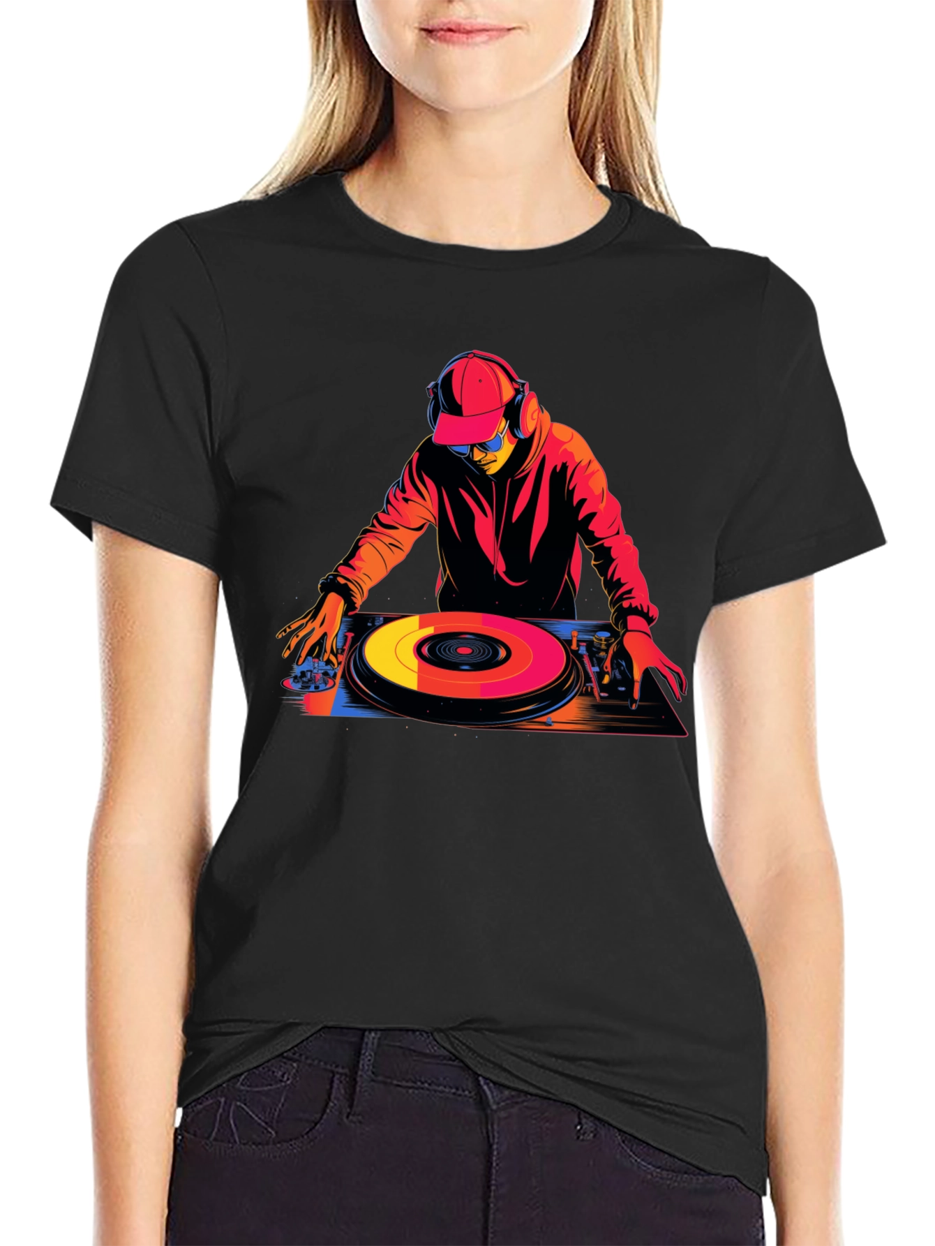DJ Turntable Graphic Tee - Black Cotton Blend T-Shirt
