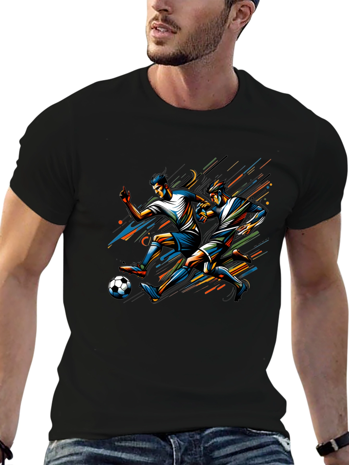 Soccer Players Graphic Tee - Black Cotton T-Shirt