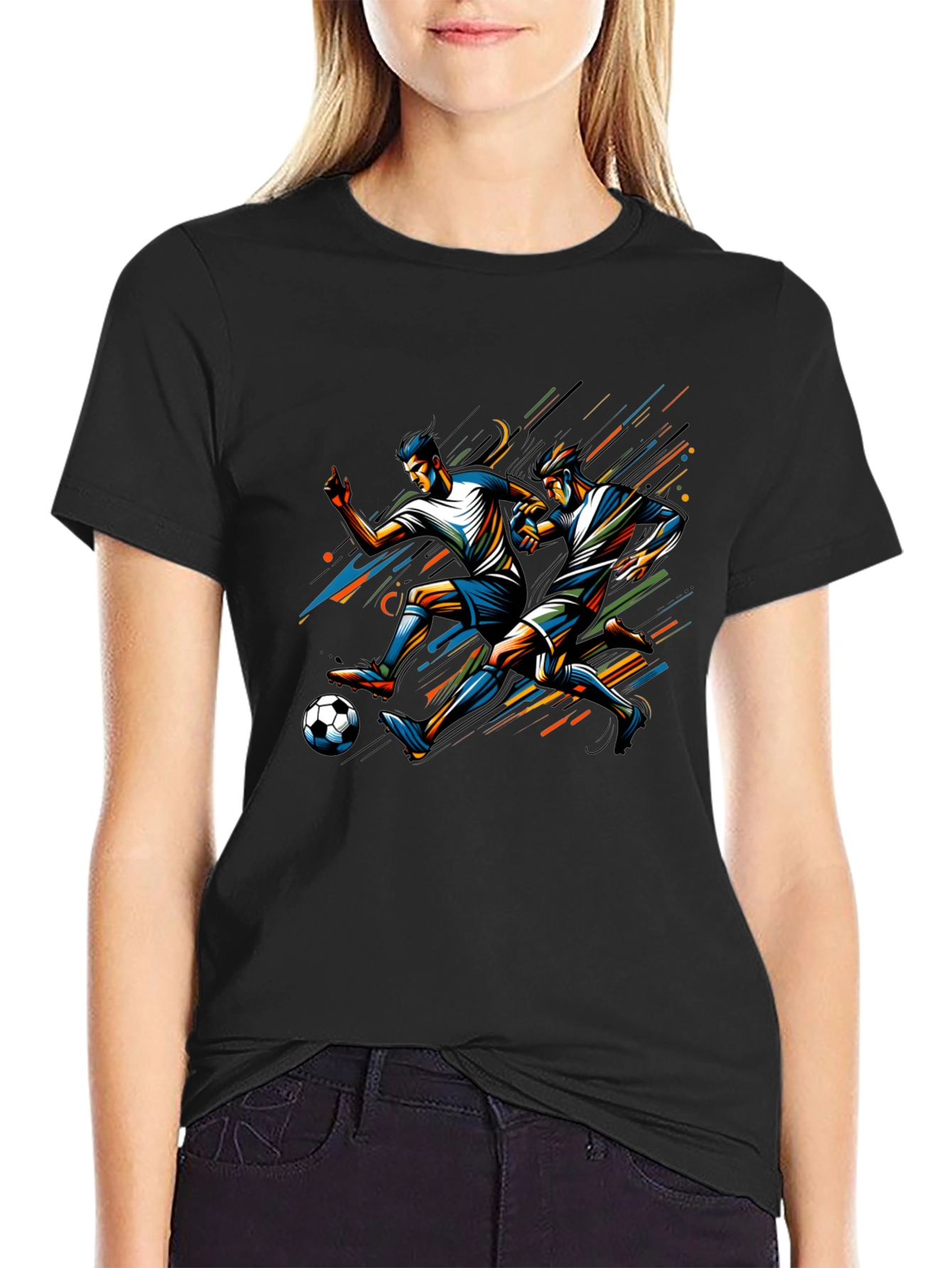 Soccer Players Graphic Tee - Black Cotton T-Shirt