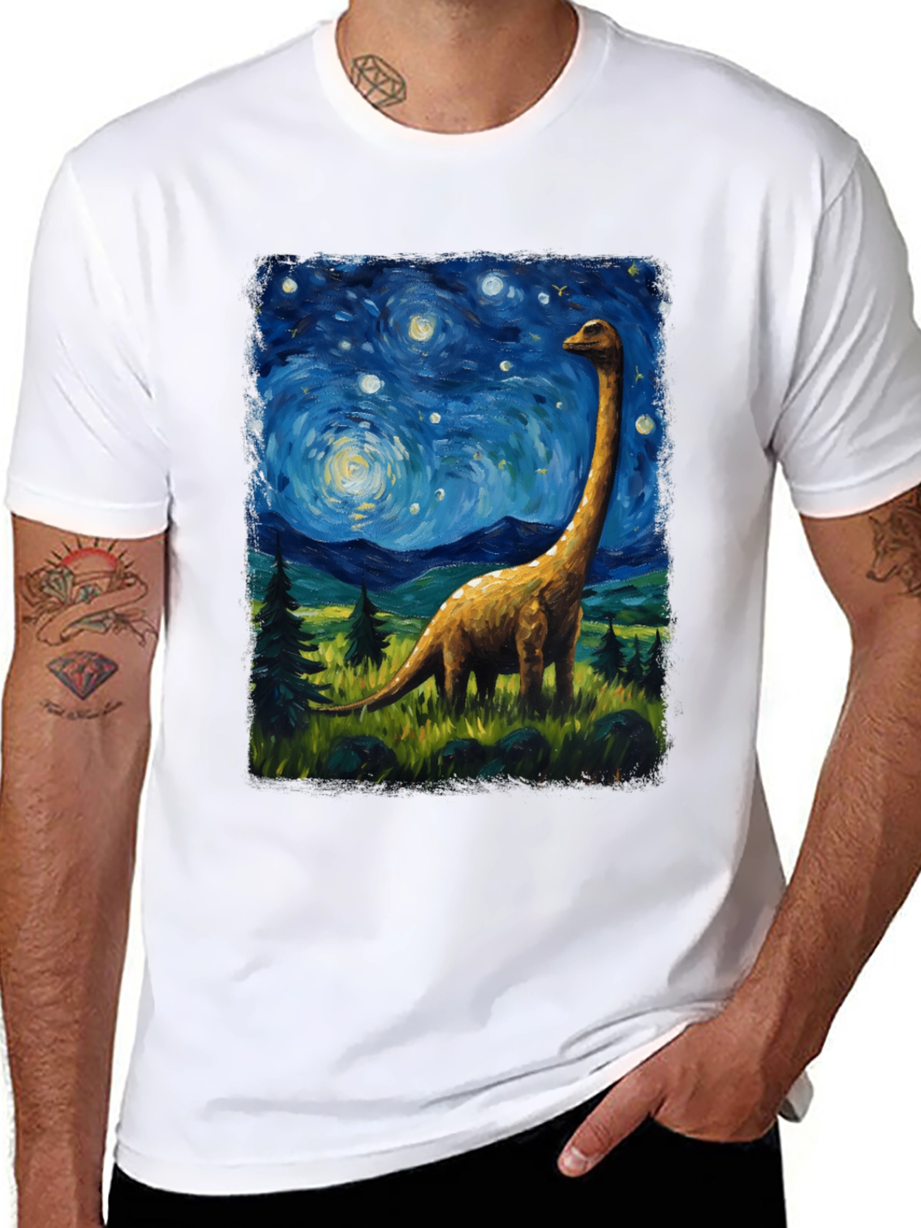 Starry Night Brontosaurus Graphic T-Shirt