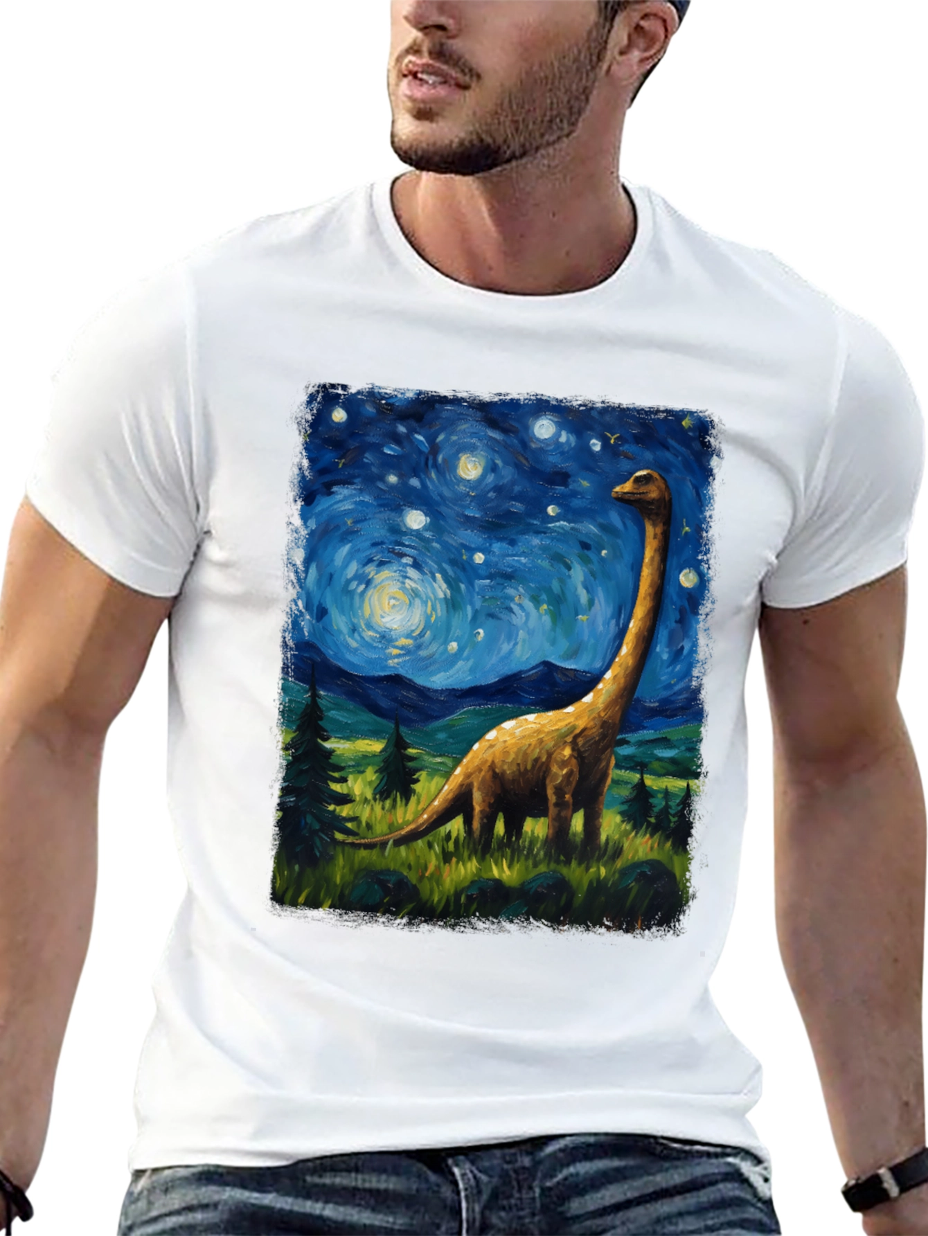 Starry Night Brontosaurus Graphic T-Shirt
