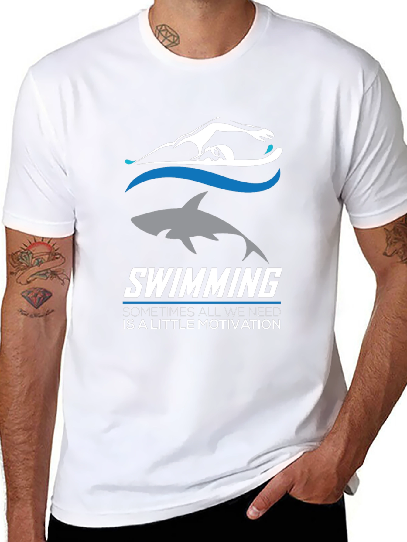 Swimming Motivation T-Shirt: Shark & Swimmer Design