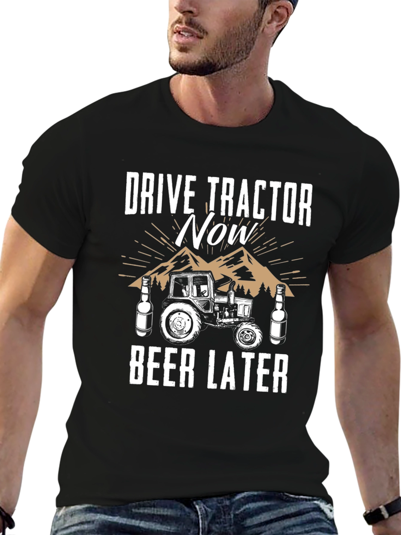 Drive Tractor Now Beer Later Graphic Tee