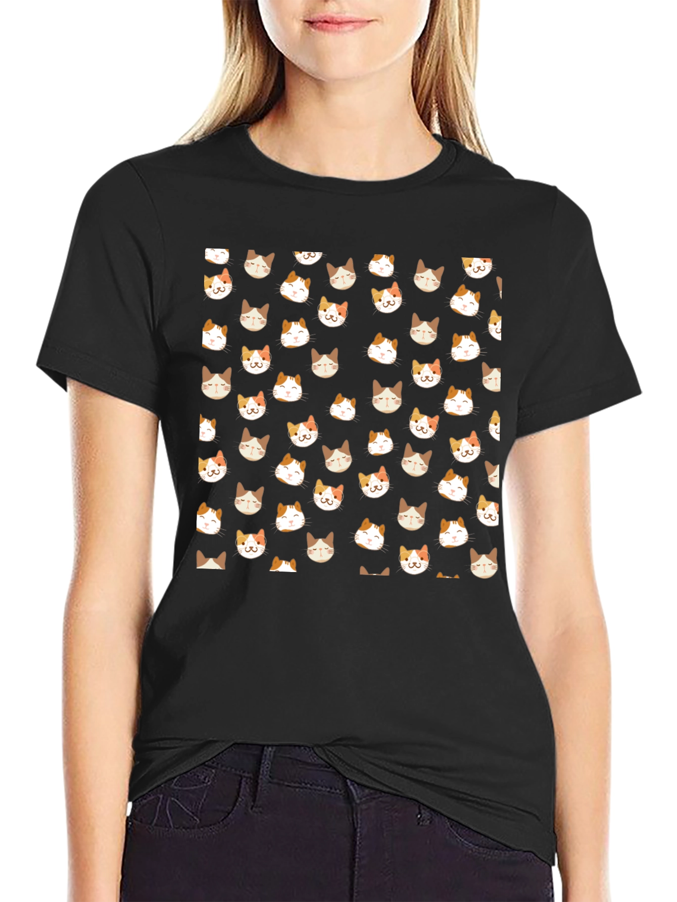 Black T-Shirt with Cat Pattern