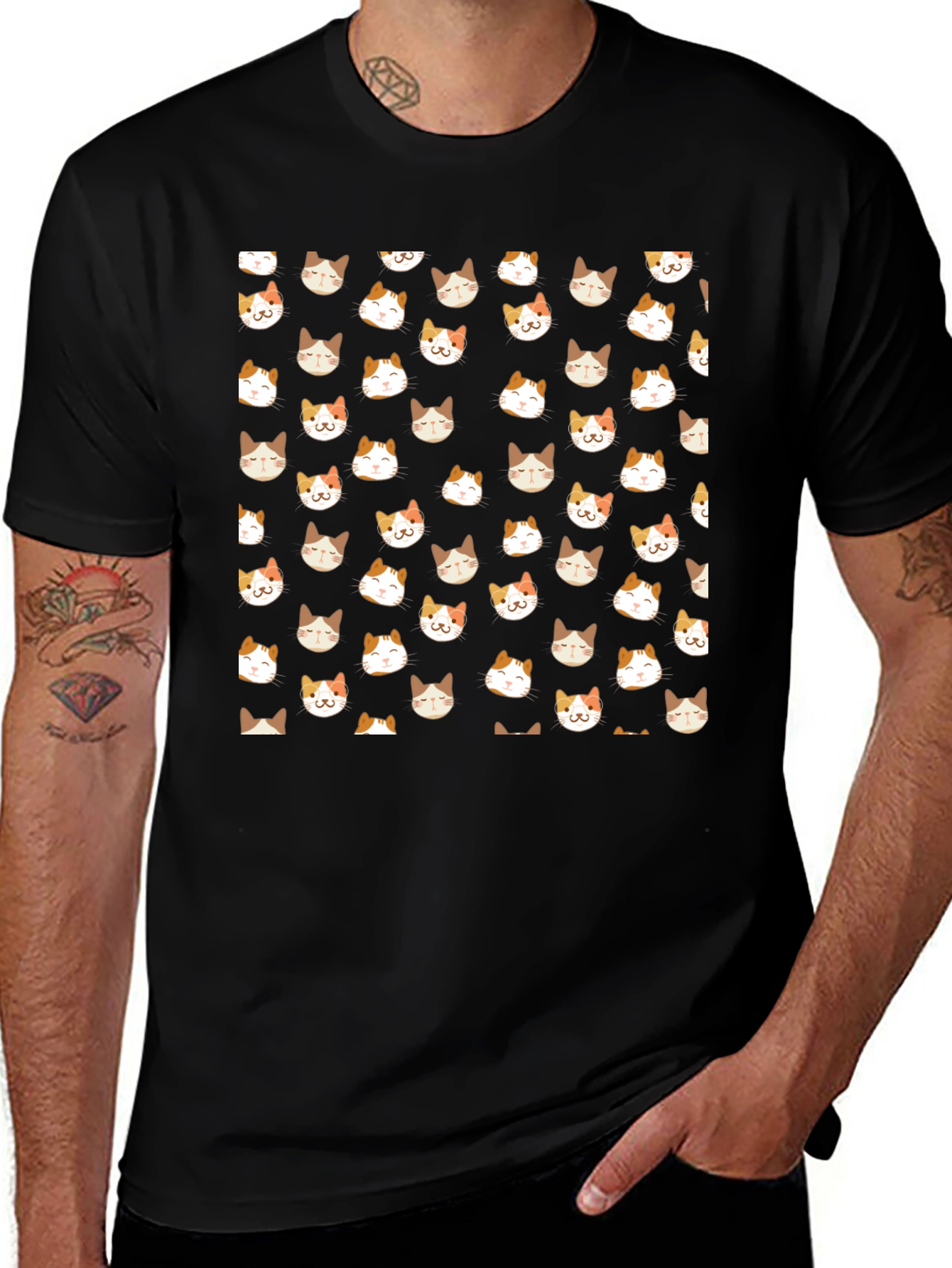 Black T-Shirt with Cat Pattern