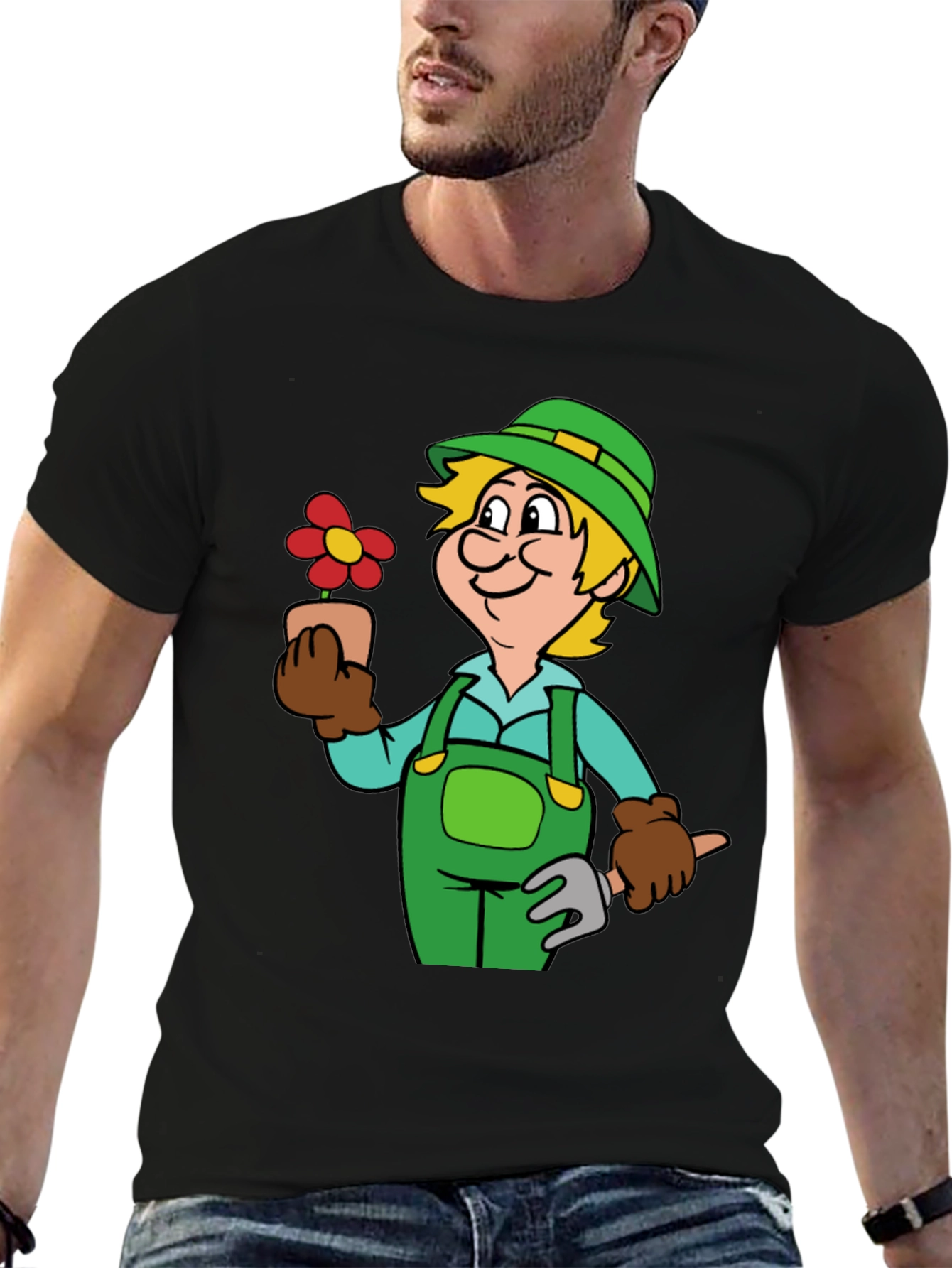 Gardener Cartoon Graphic T-Shirt Black
