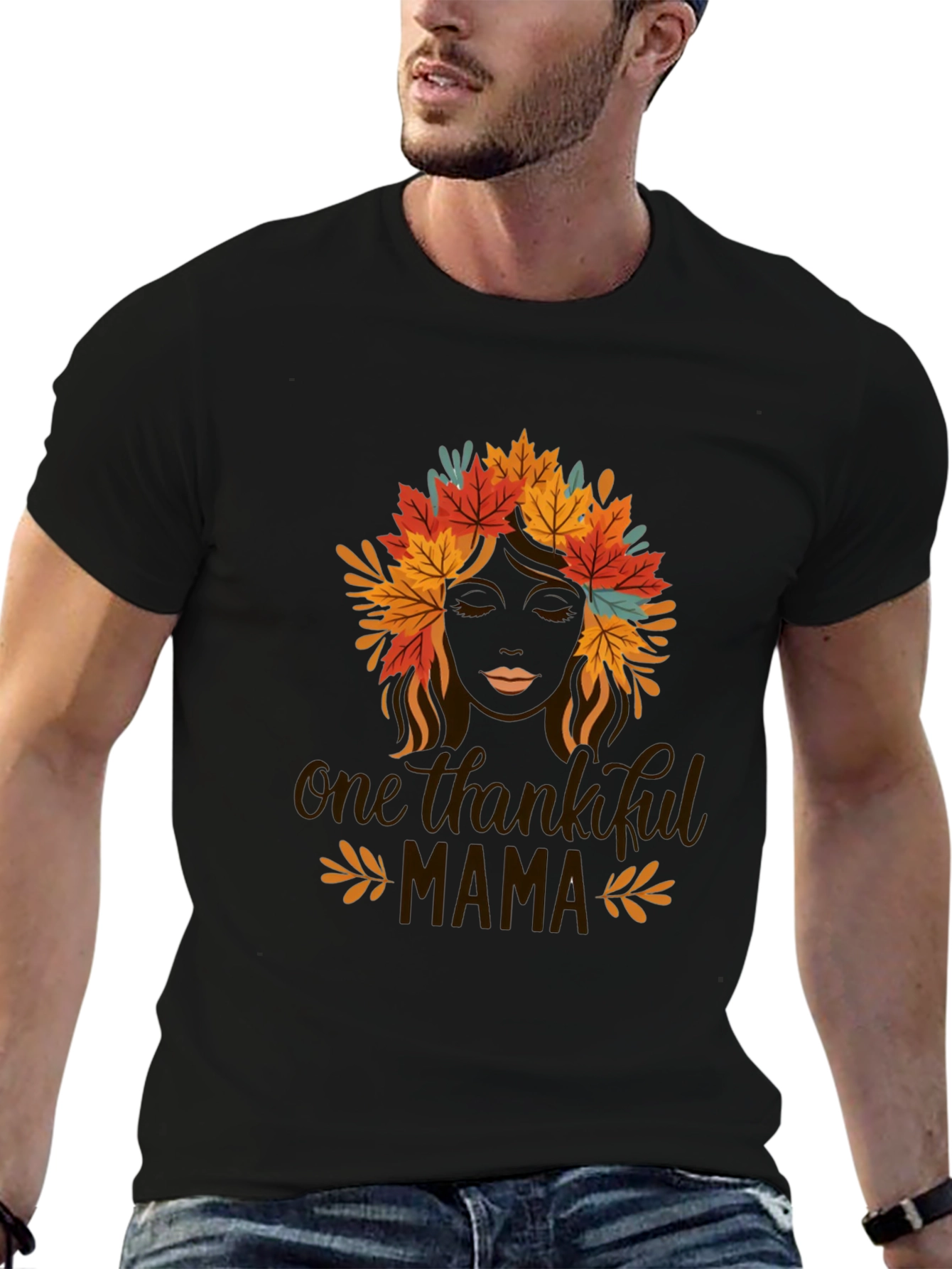 Thankful Mama Black T-Shirt with Fall Leaf Design