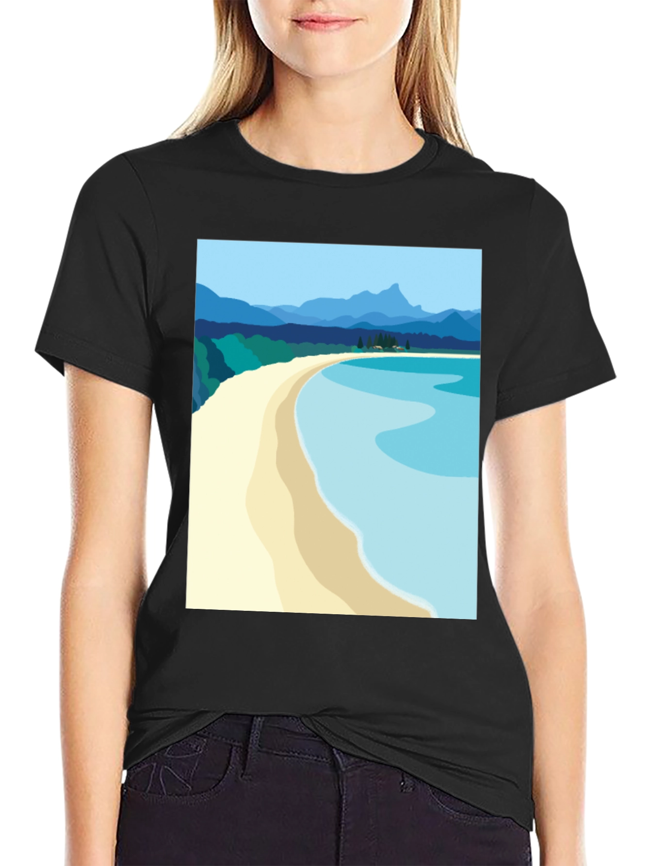Scenic Beach Graphic Tee - Black Cotton T-Shirt