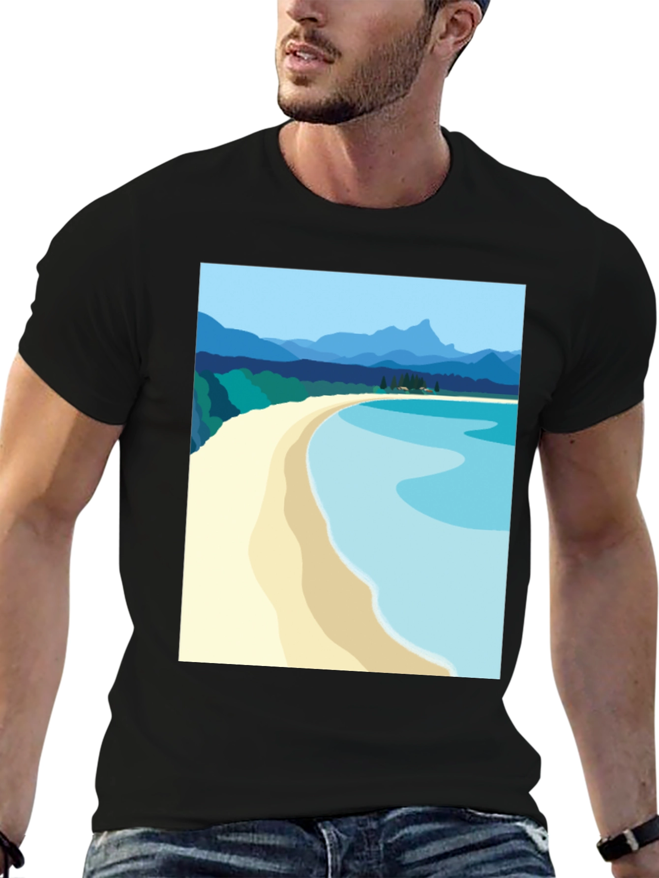 Scenic Beach Graphic Tee - Black Cotton T-Shirt