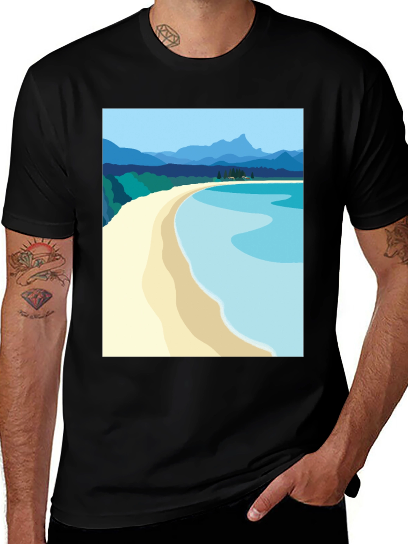 Scenic Beach Graphic Tee - Black Cotton T-Shirt