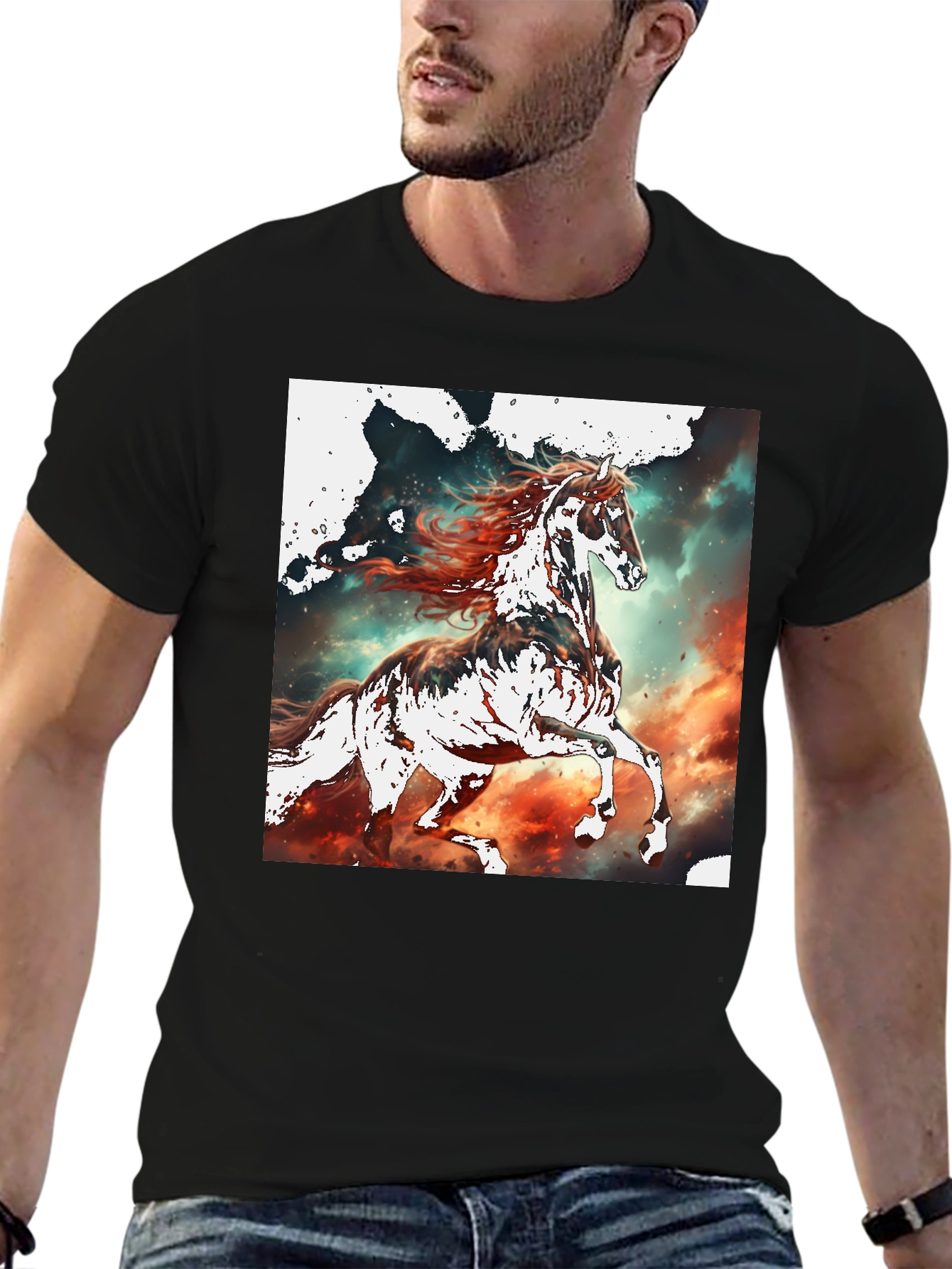 Horse Graphic Tee - Black Cotton Blend T-Shirt