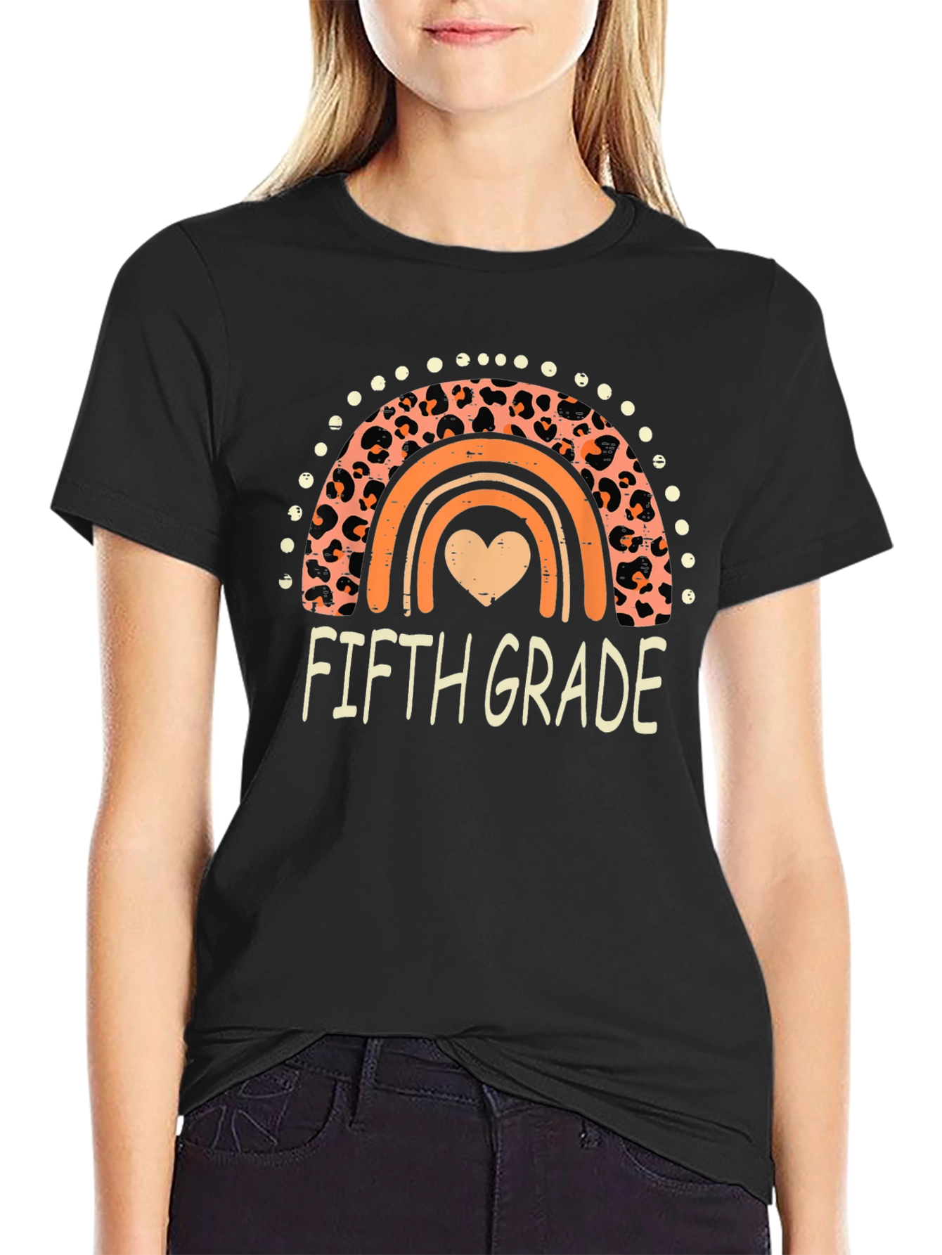 Fifth Grade Leopard Rainbow Heart T-Shirt