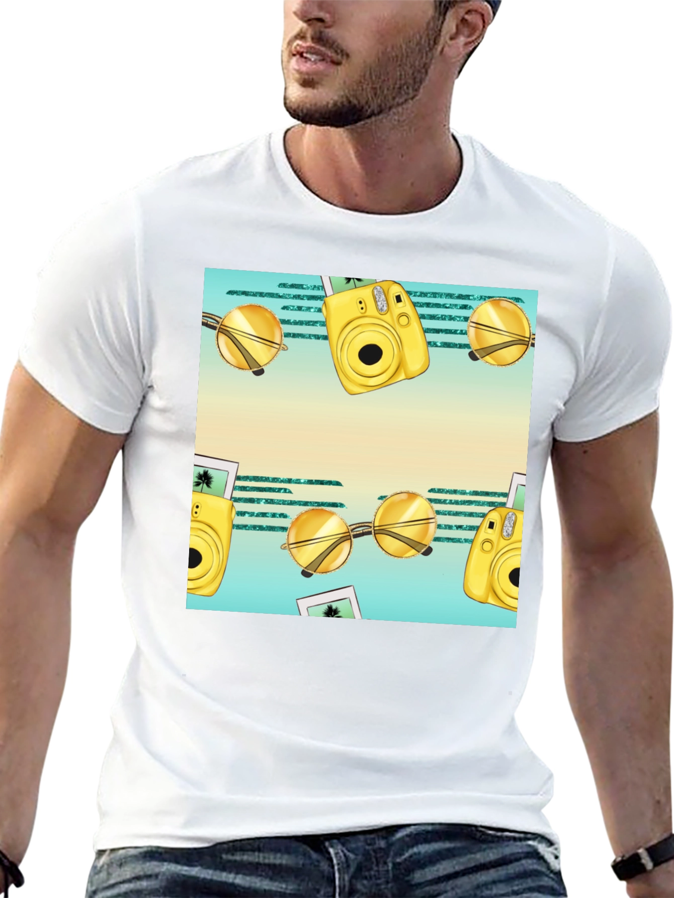 Summer Fun T-Shirt: Camera & Sunglasses Print