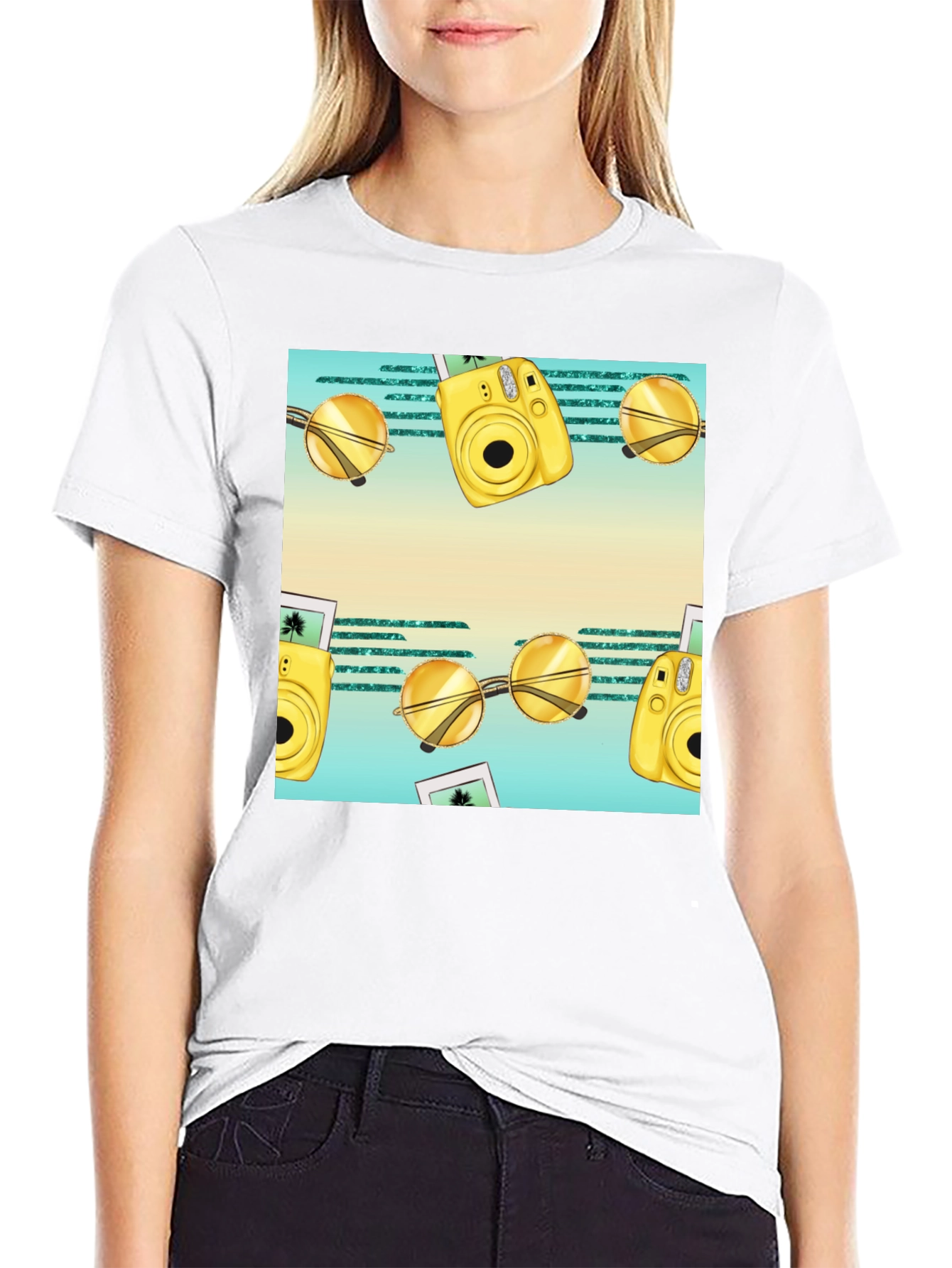 Summer Fun T-Shirt: Camera & Sunglasses Print