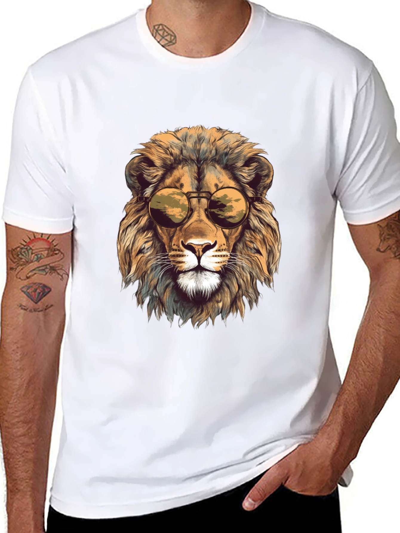 Lion Head Graphic Tee - Cool Sunglasses Design