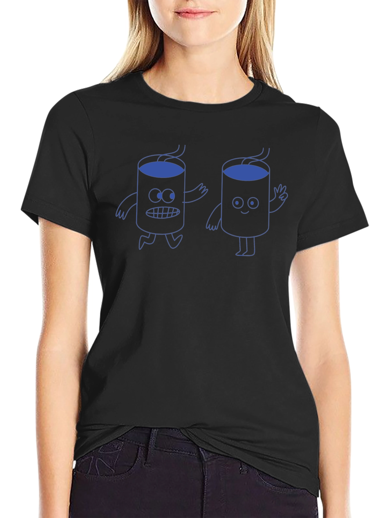Cartoon Coffee Graphic T-Shirt - Black Cotton Tee