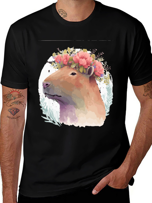 Capybara Floral Crown Graphic Tee - Stylish Mens Black T-Shirt