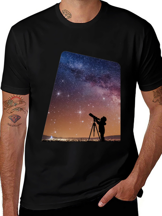 Night Sky Observer Graphic Tee - Black Cotton Comfort