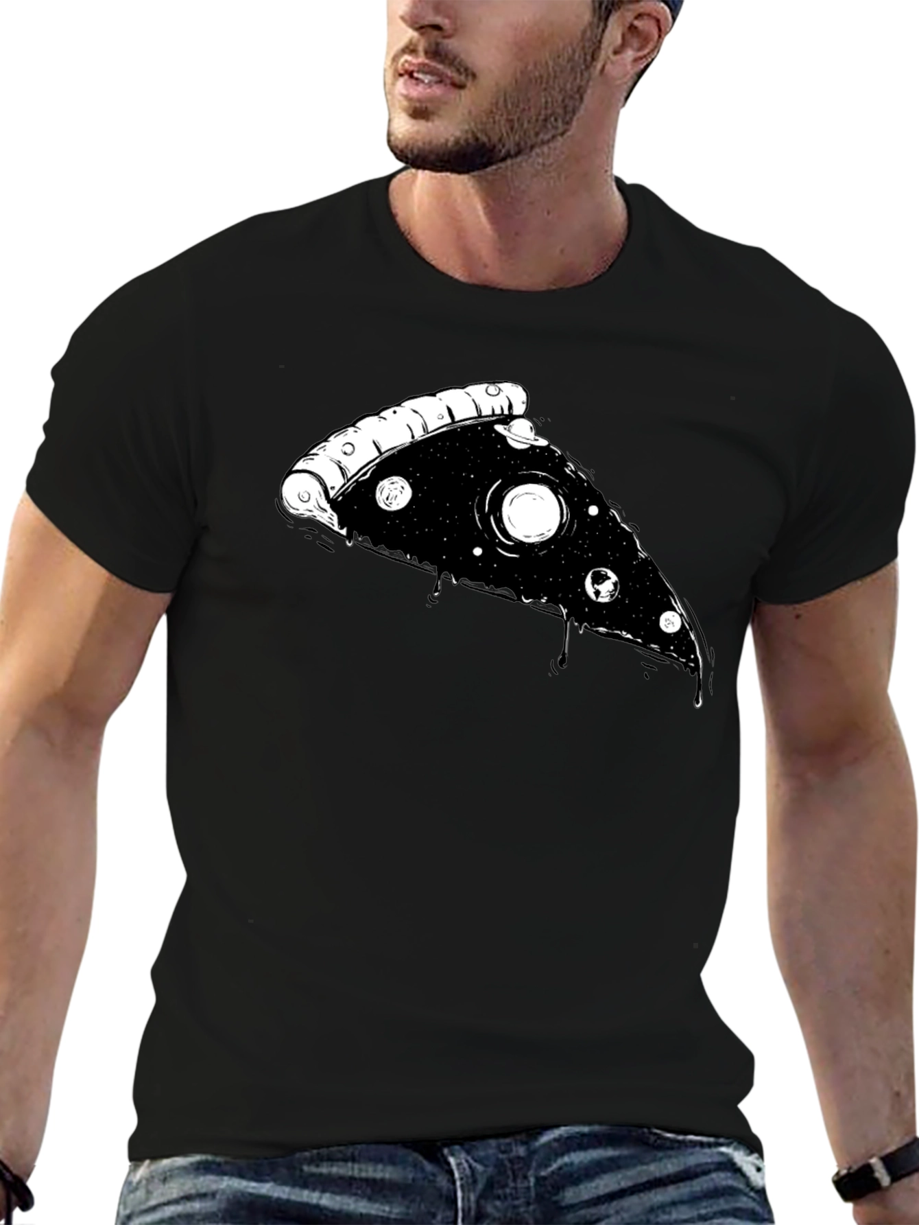Cosmic Pizza Slice Graphic Tee - Black T-Shirt