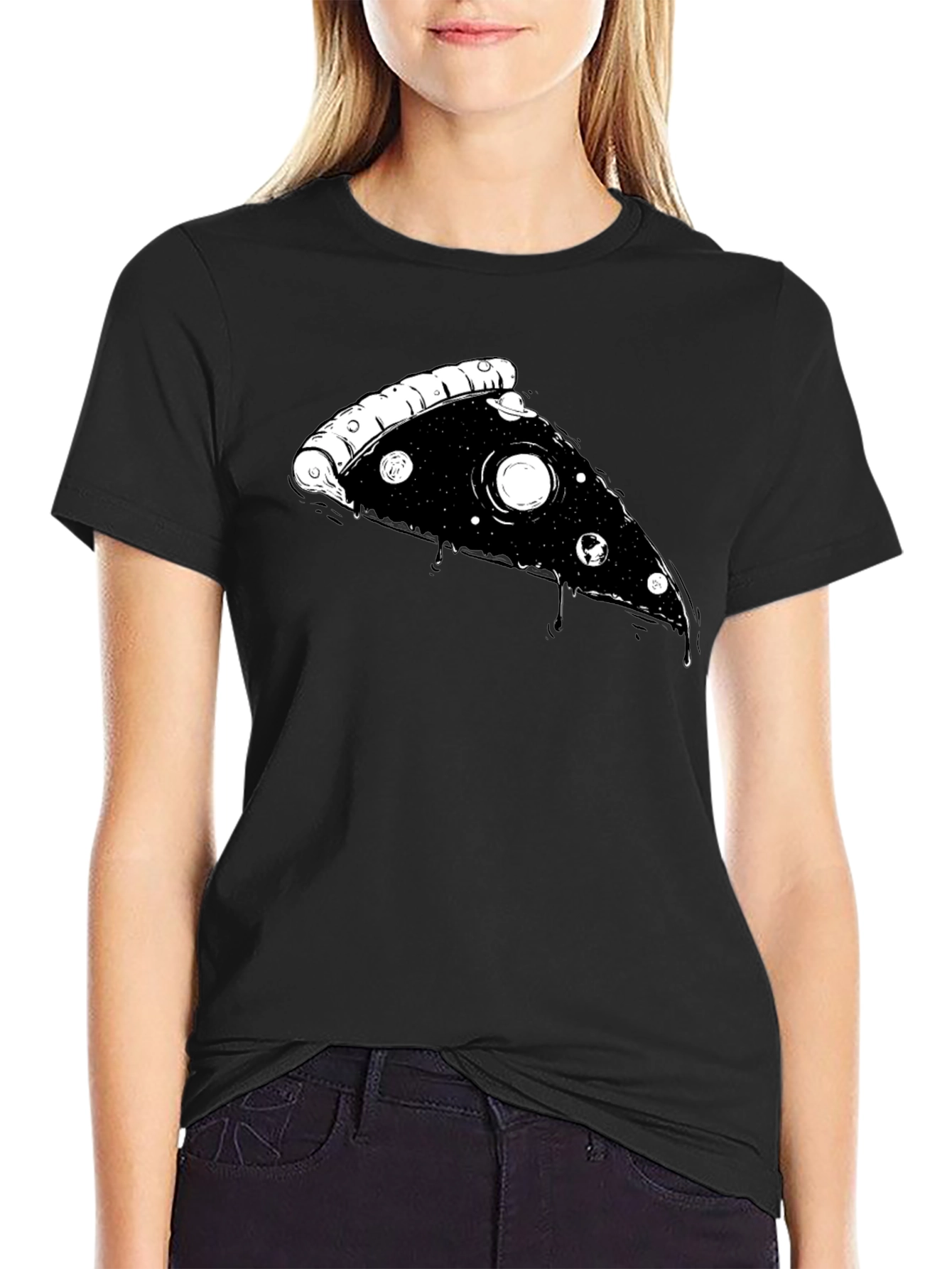 Cosmic Pizza Slice Graphic Tee - Black T-Shirt