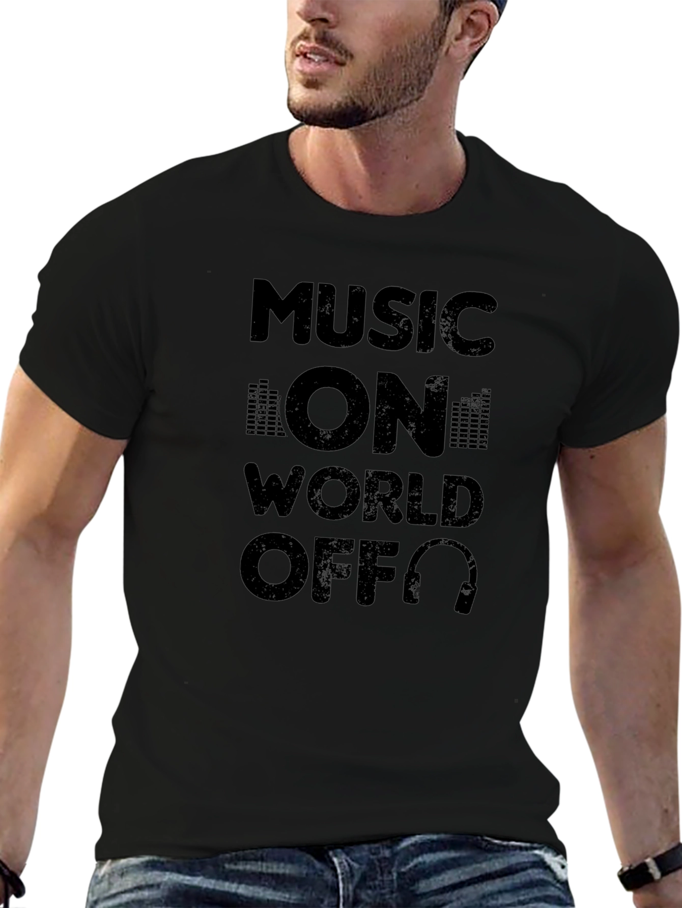 Music On World Off Black Graphic Tee