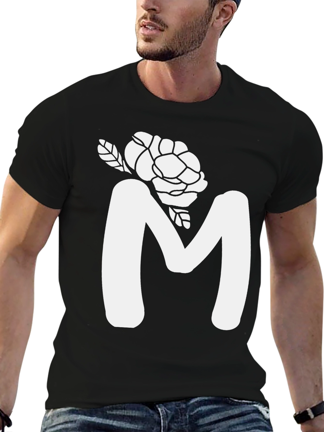Floral M Initial T-Shirt - Black Cotton Tee