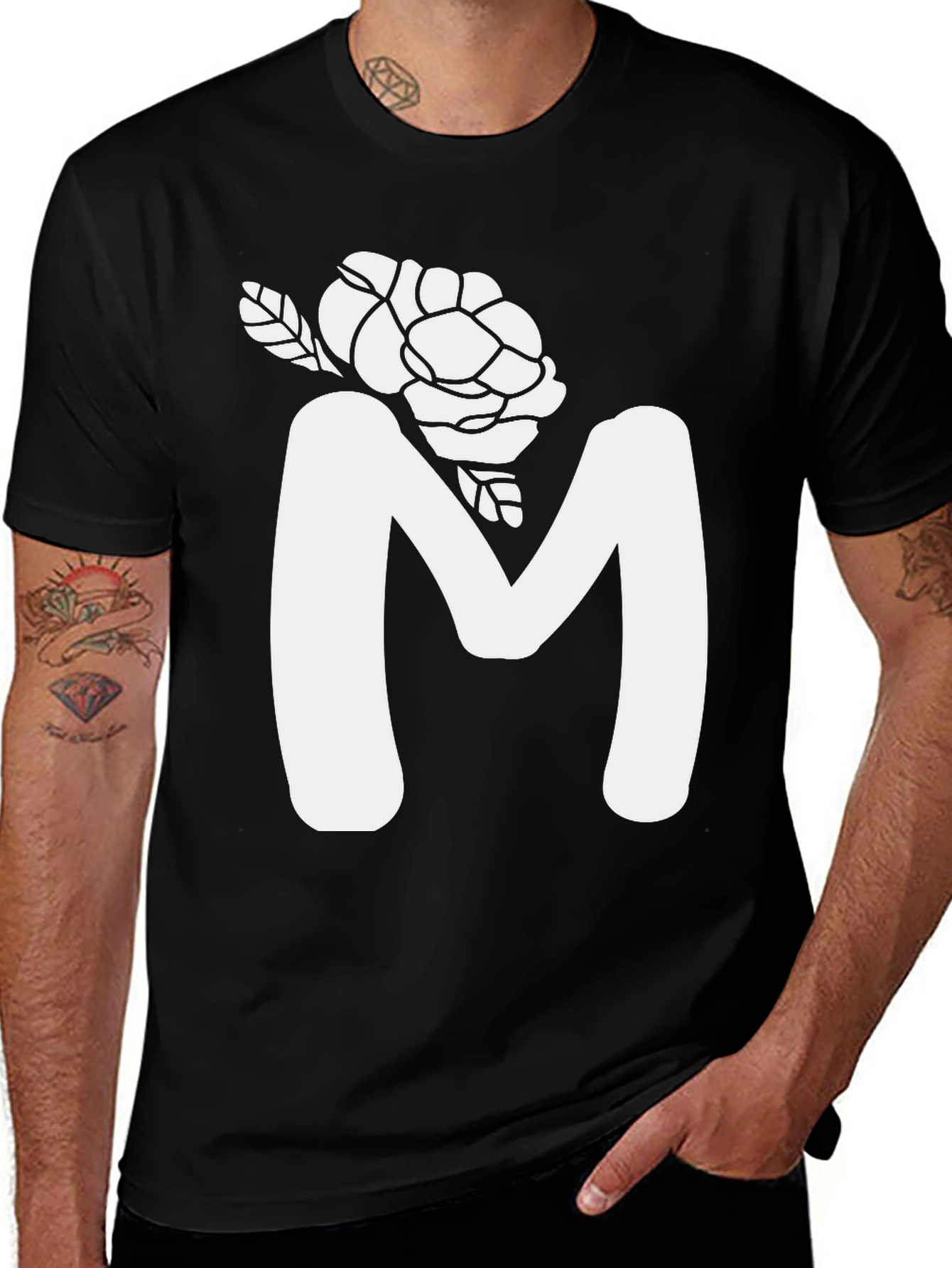 Floral M Initial T-Shirt - Black Cotton Tee
