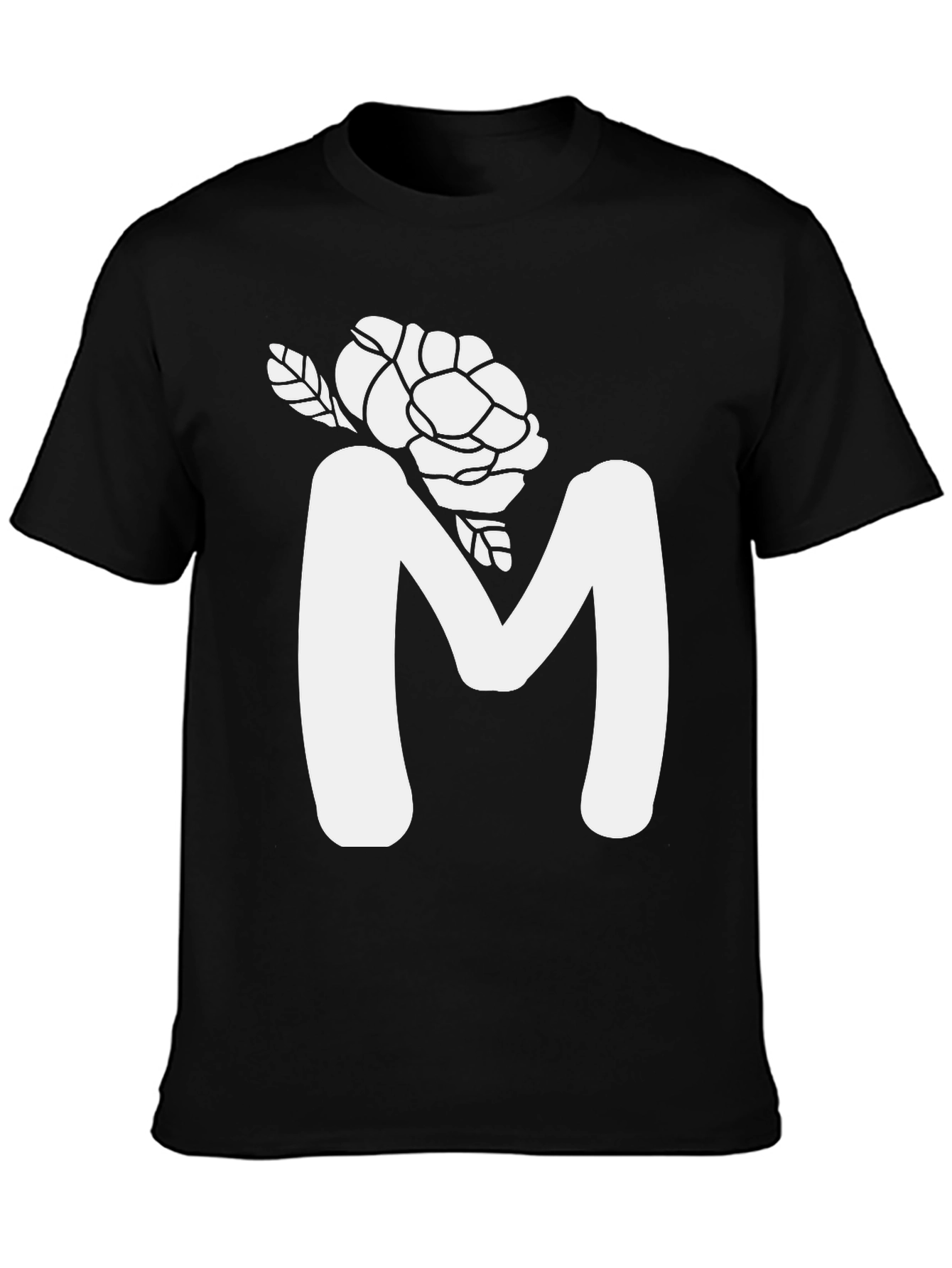Floral M Initial T-Shirt - Black Cotton Tee
