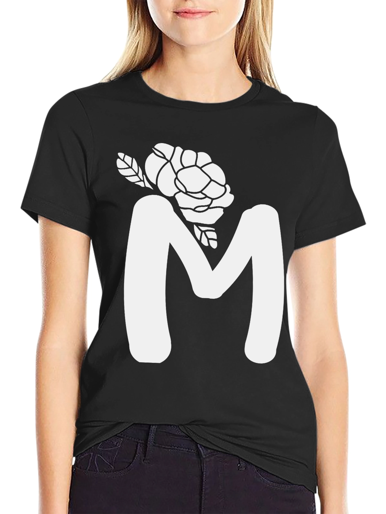 Floral M Initial T-Shirt - Black Cotton Tee