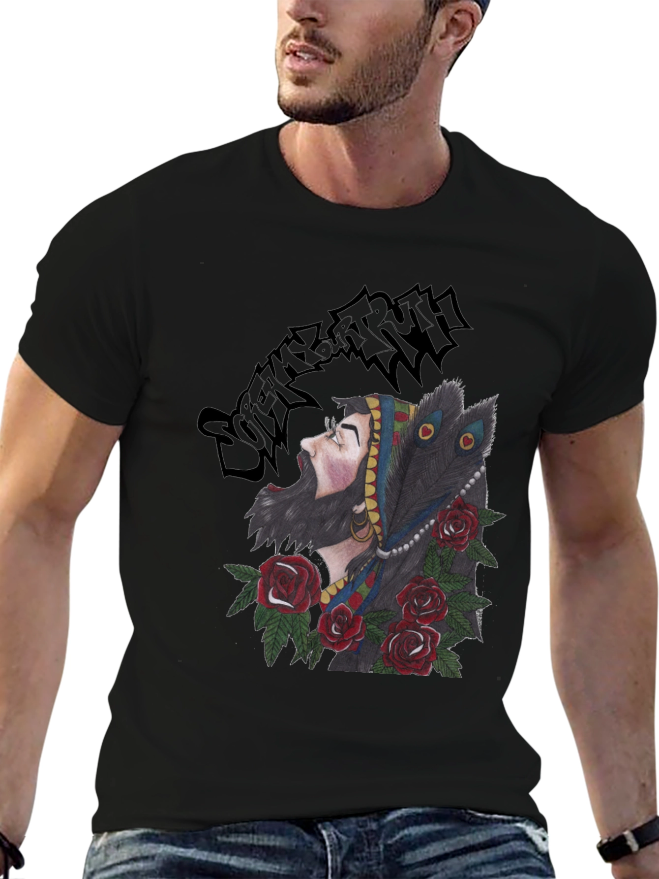 Bearded Man Rose and Peacock T-Shirt