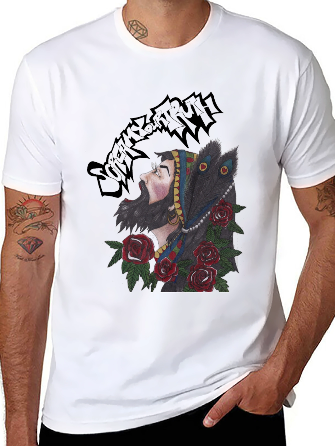 Bearded Man Rose and Peacock T-Shirt
