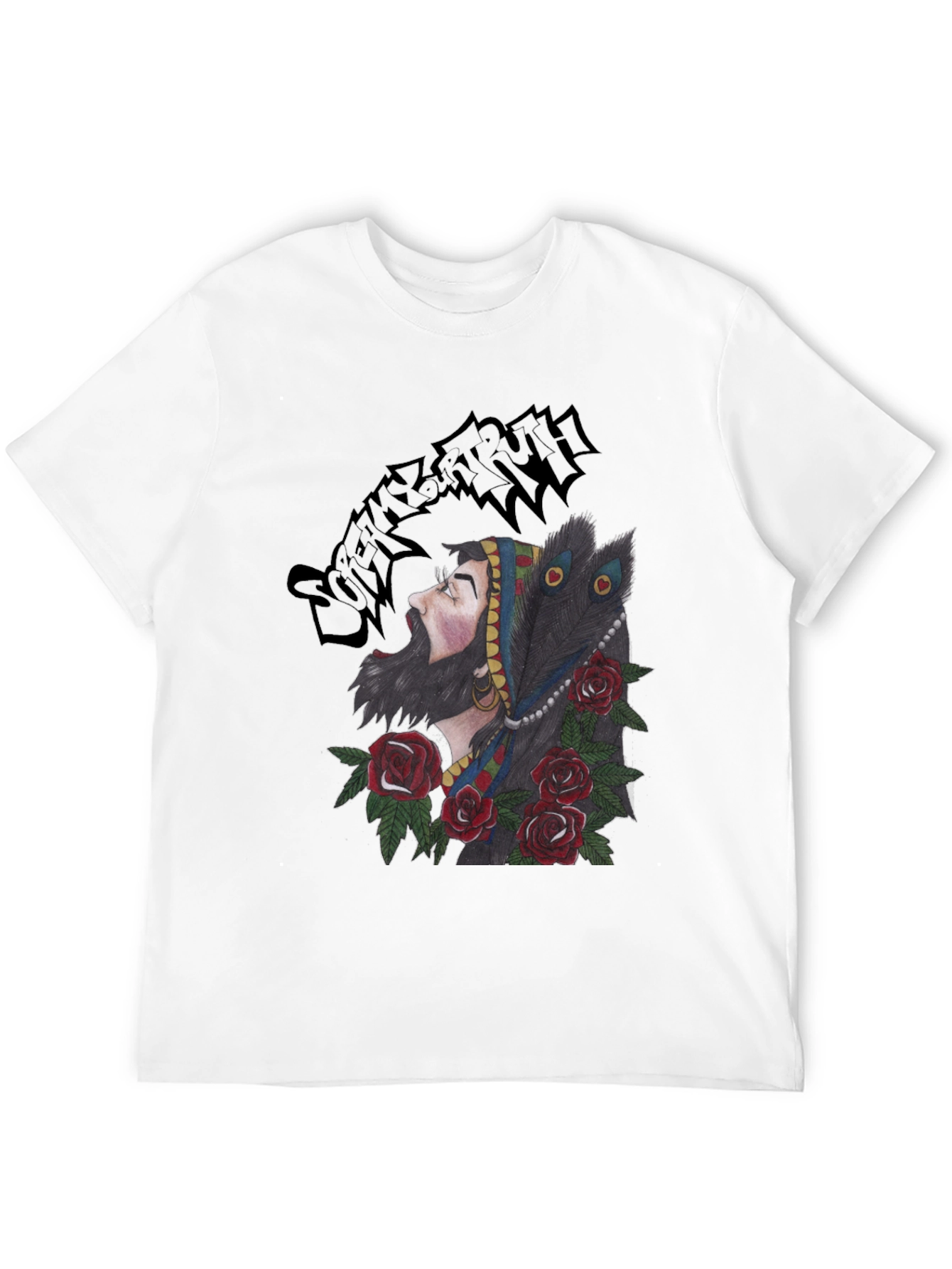 Bearded Man Rose and Peacock T-Shirt