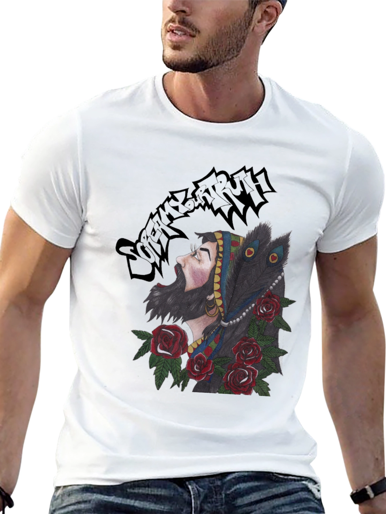 Bearded Man Rose and Peacock T-Shirt