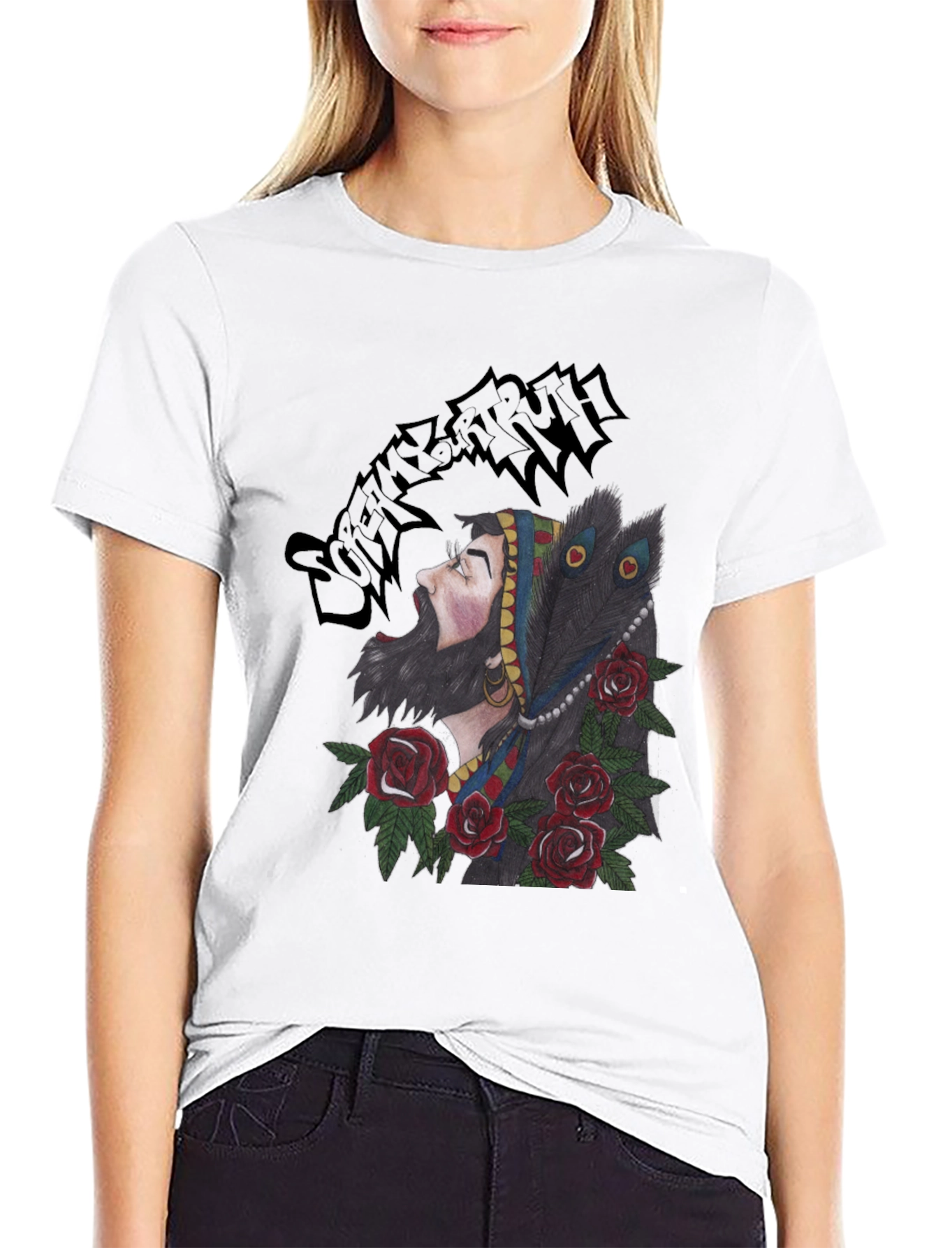 Bearded Man Rose and Peacock T-Shirt