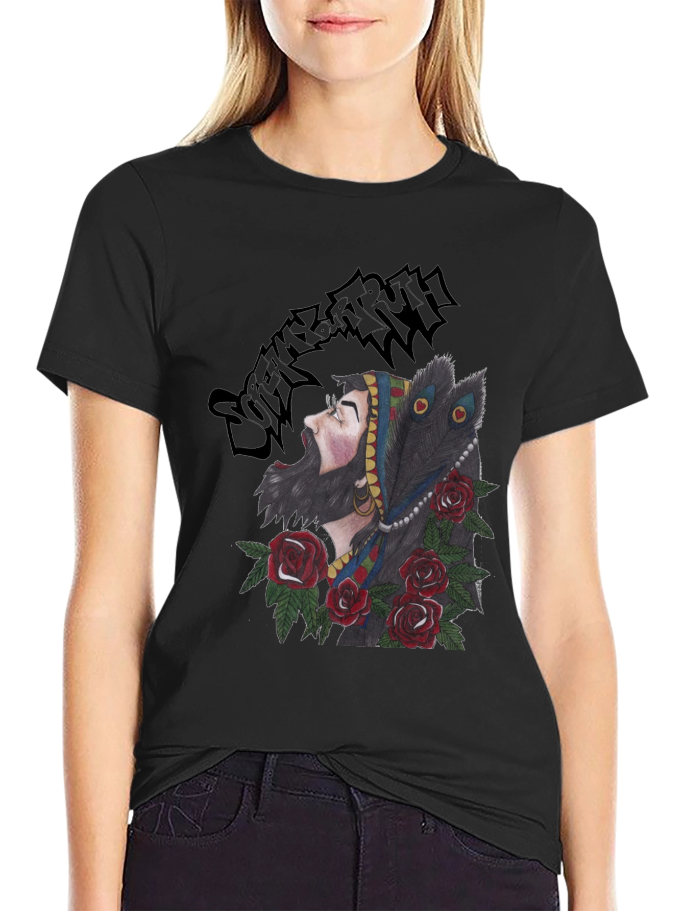 Bearded Man Rose and Peacock T-Shirt
