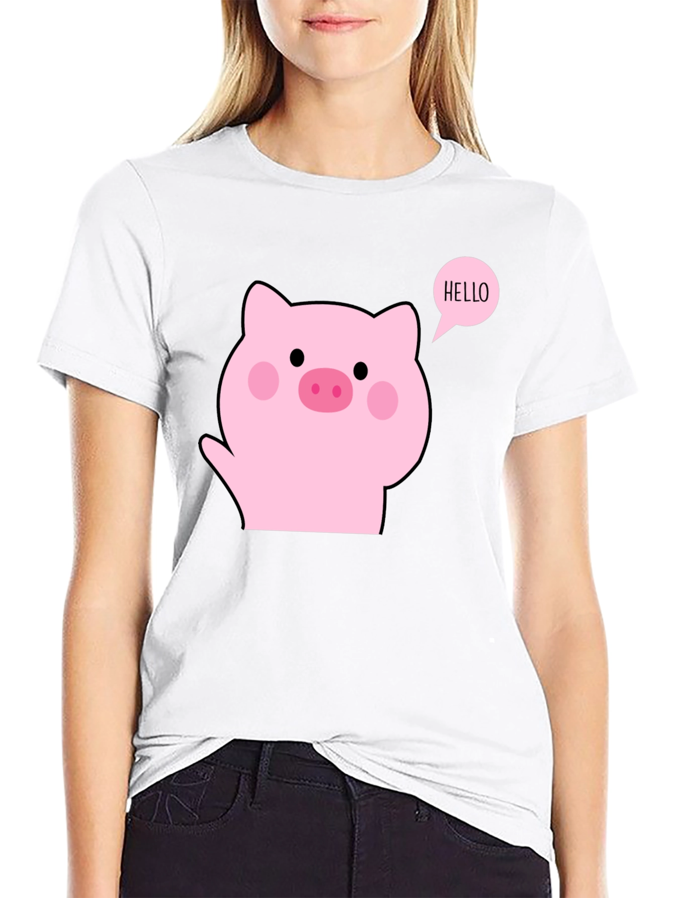 Cute Pig Hello Black T-Shirt