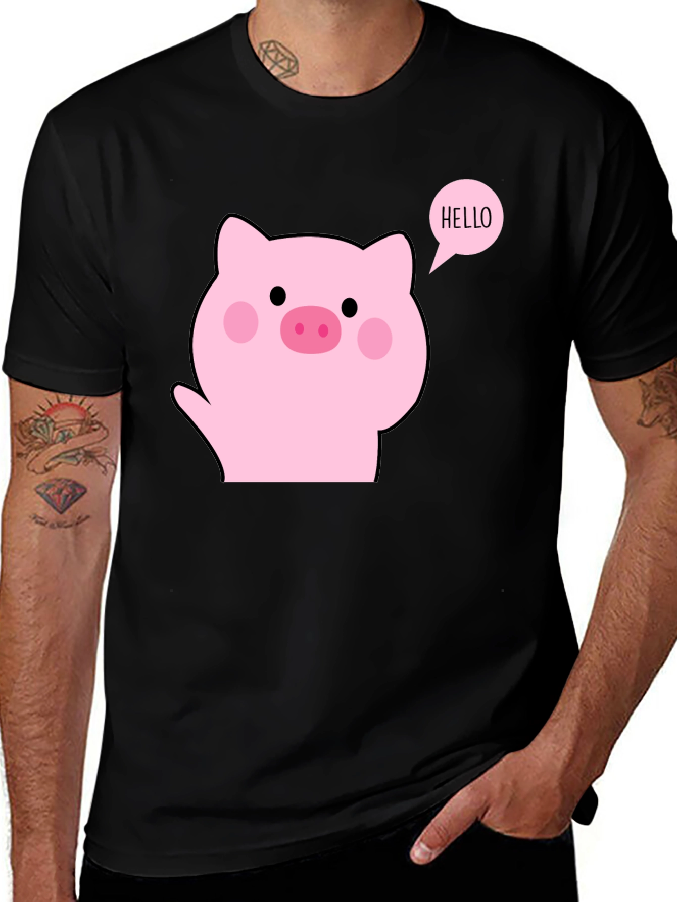 Cute Pig Hello Black T-Shirt