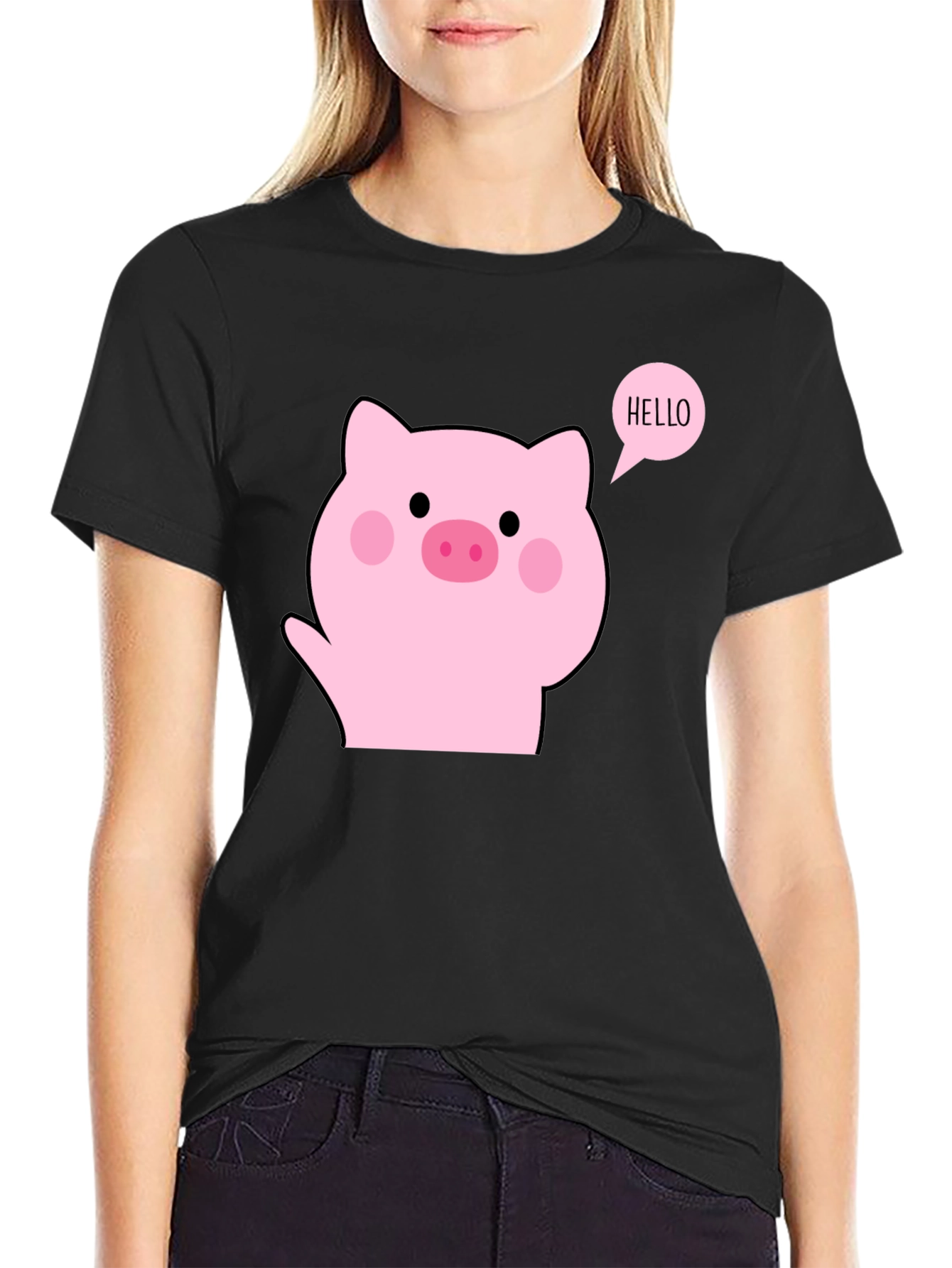 Cute Pig Hello Black T-Shirt