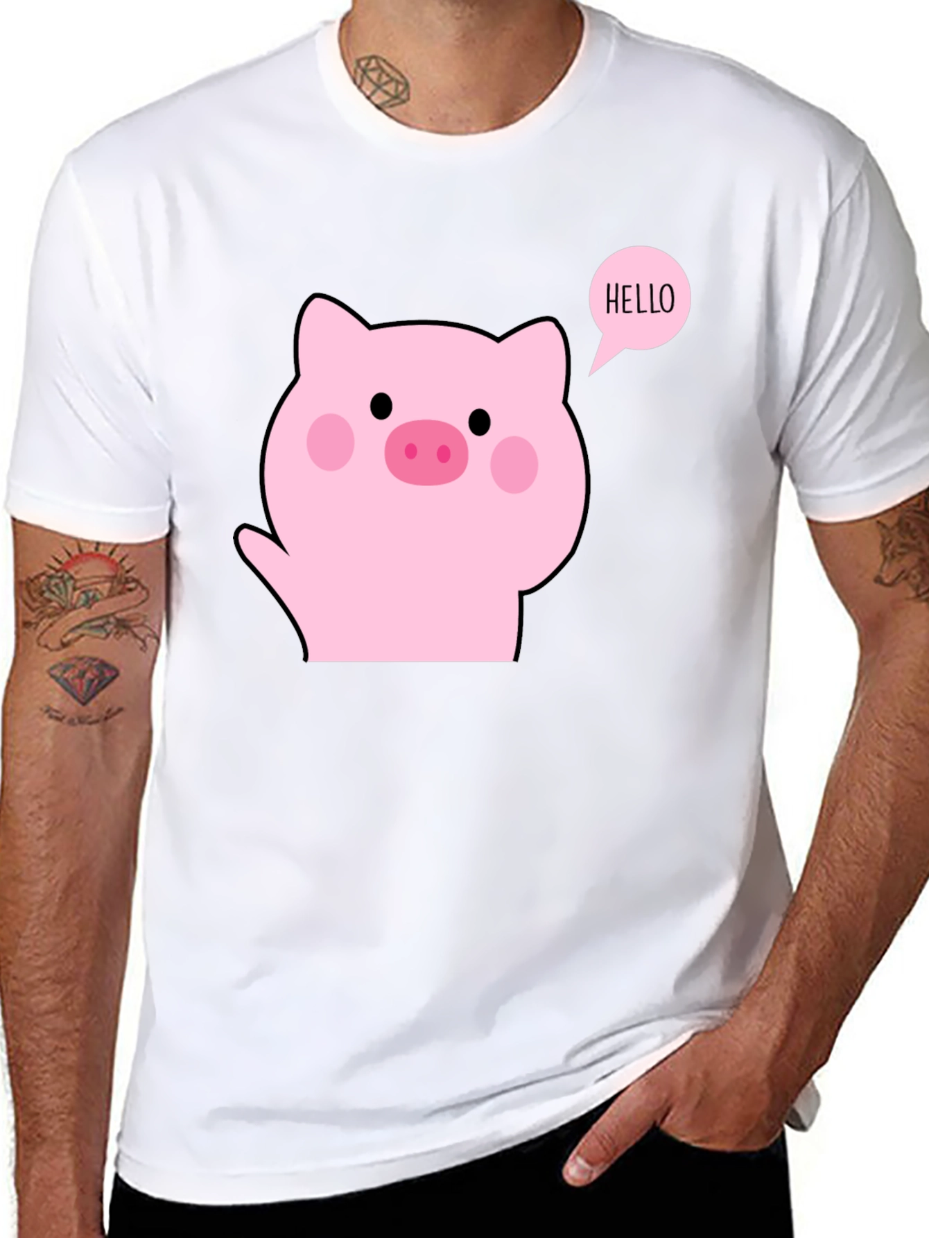 Cute Pig Hello Black T-Shirt