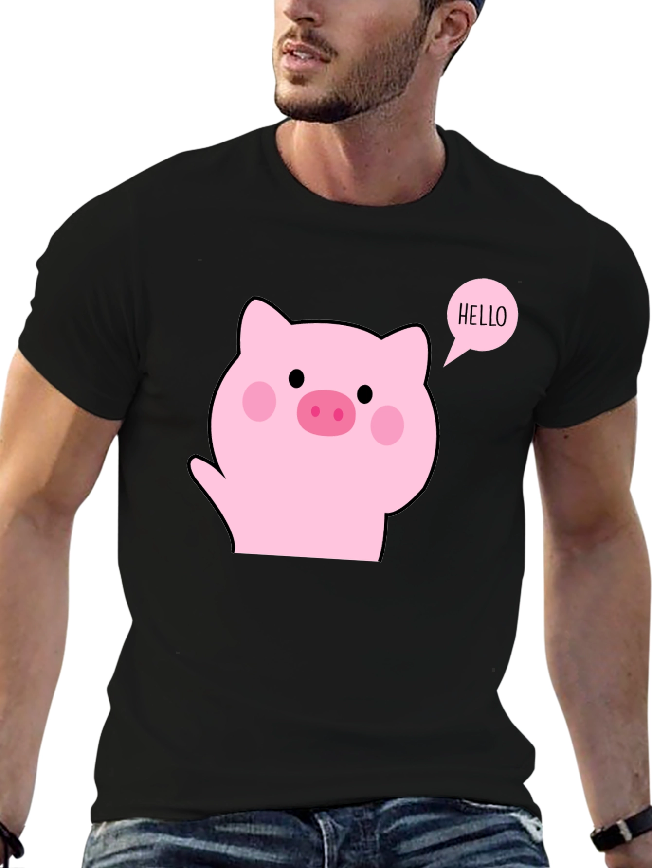 Cute Pig Hello Black T-Shirt
