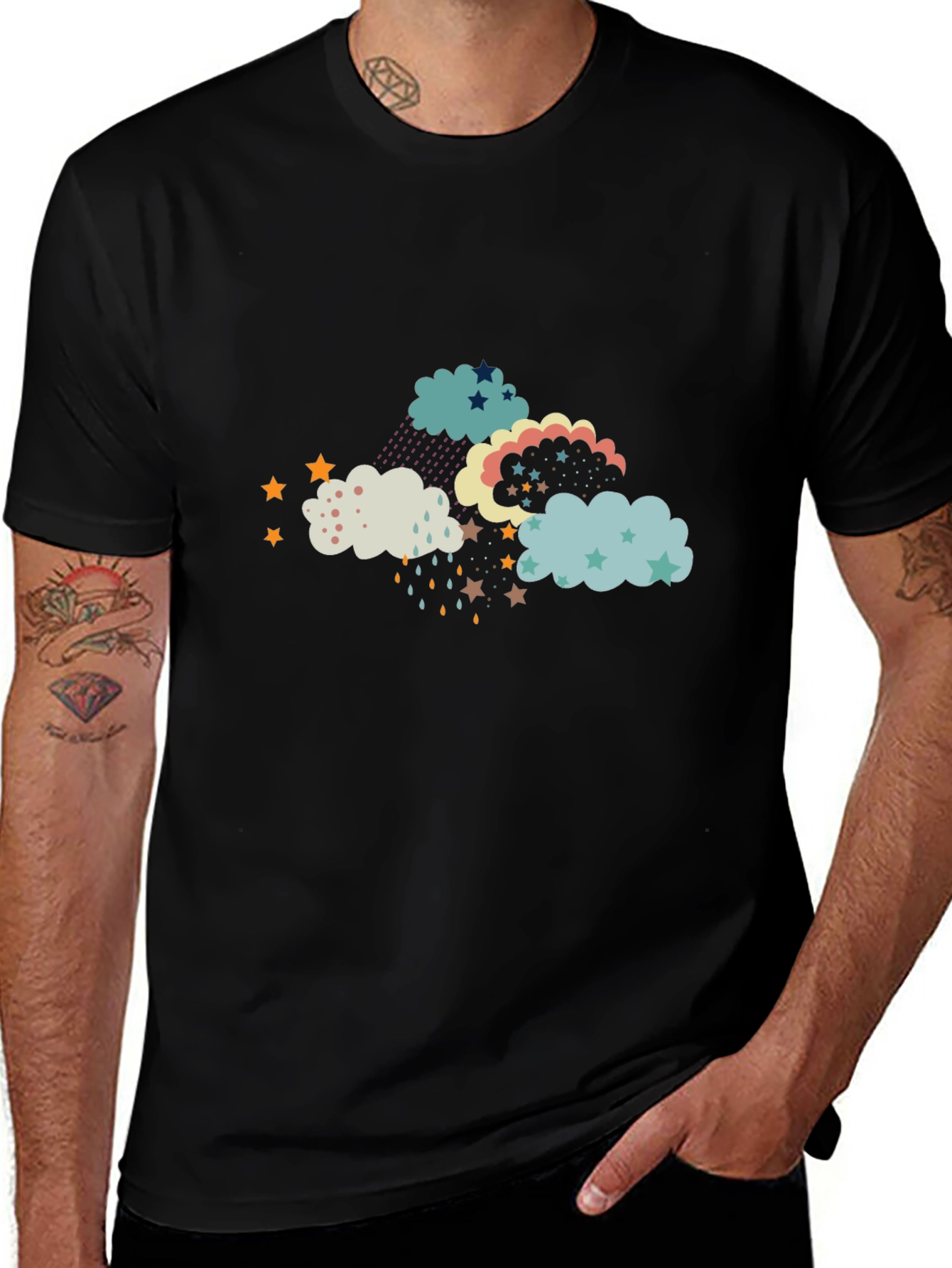 Cloud and Star Print Black T-Shirt