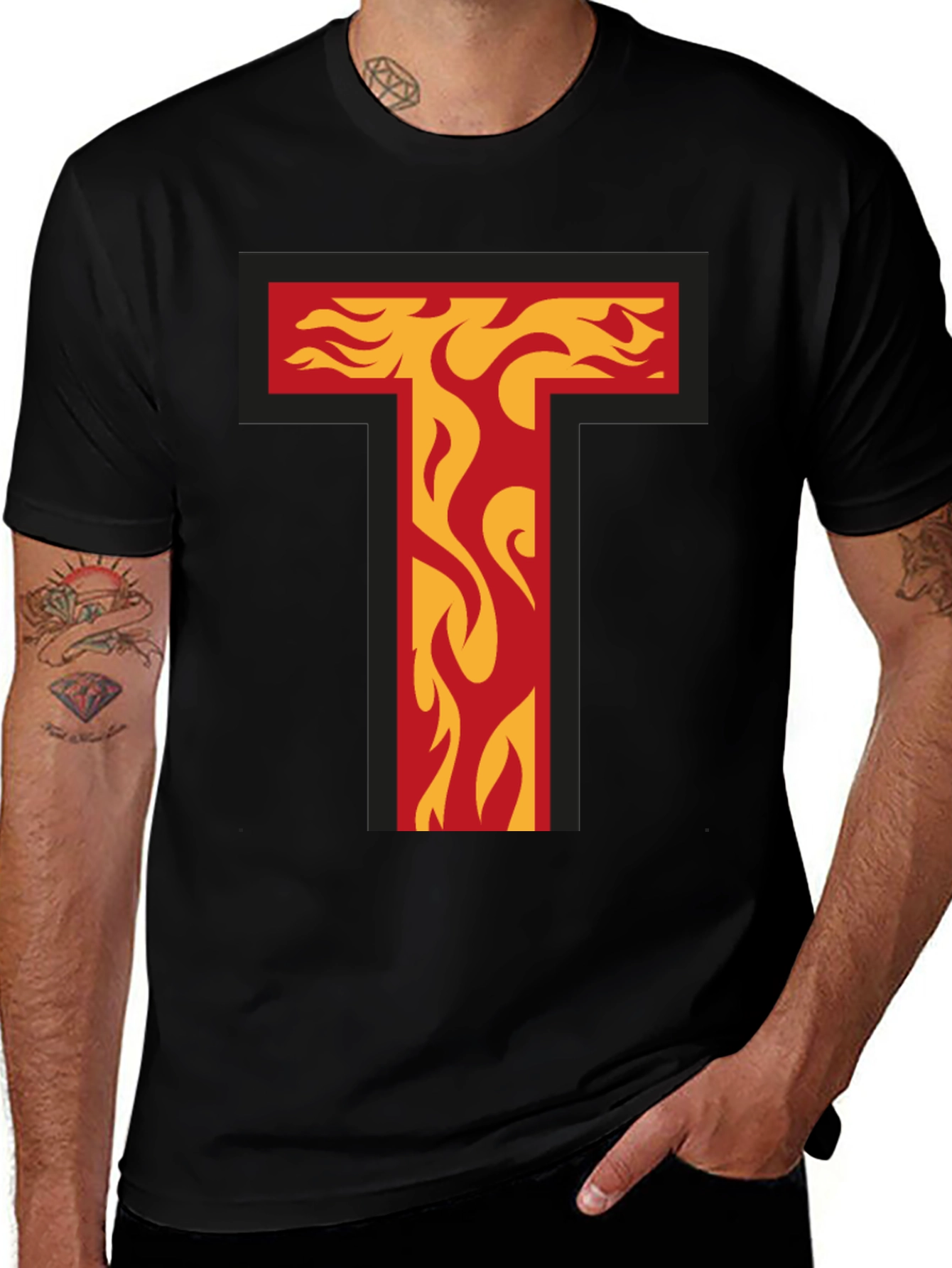 Fiery Letter T Graphic Tee - Bold Black T-Shirt