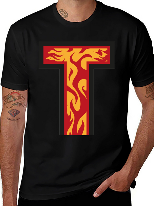 Fiery Letter T Graphic Tee - Bold Black T-Shirt