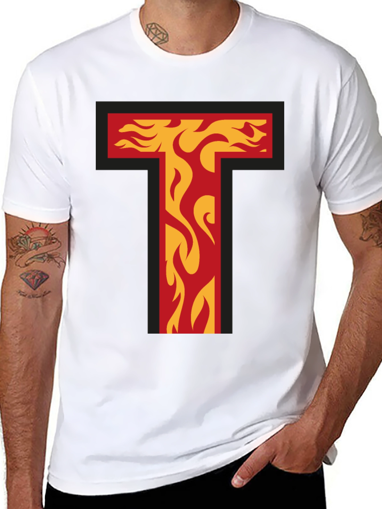 Fiery Letter T Graphic Tee - Bold Black T-Shirt