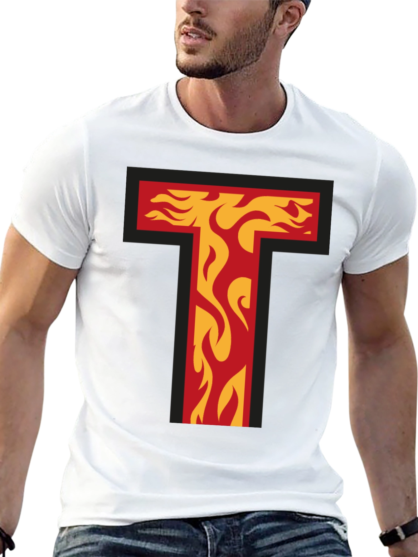 Fiery Letter T Graphic Tee - Bold Black T-Shirt