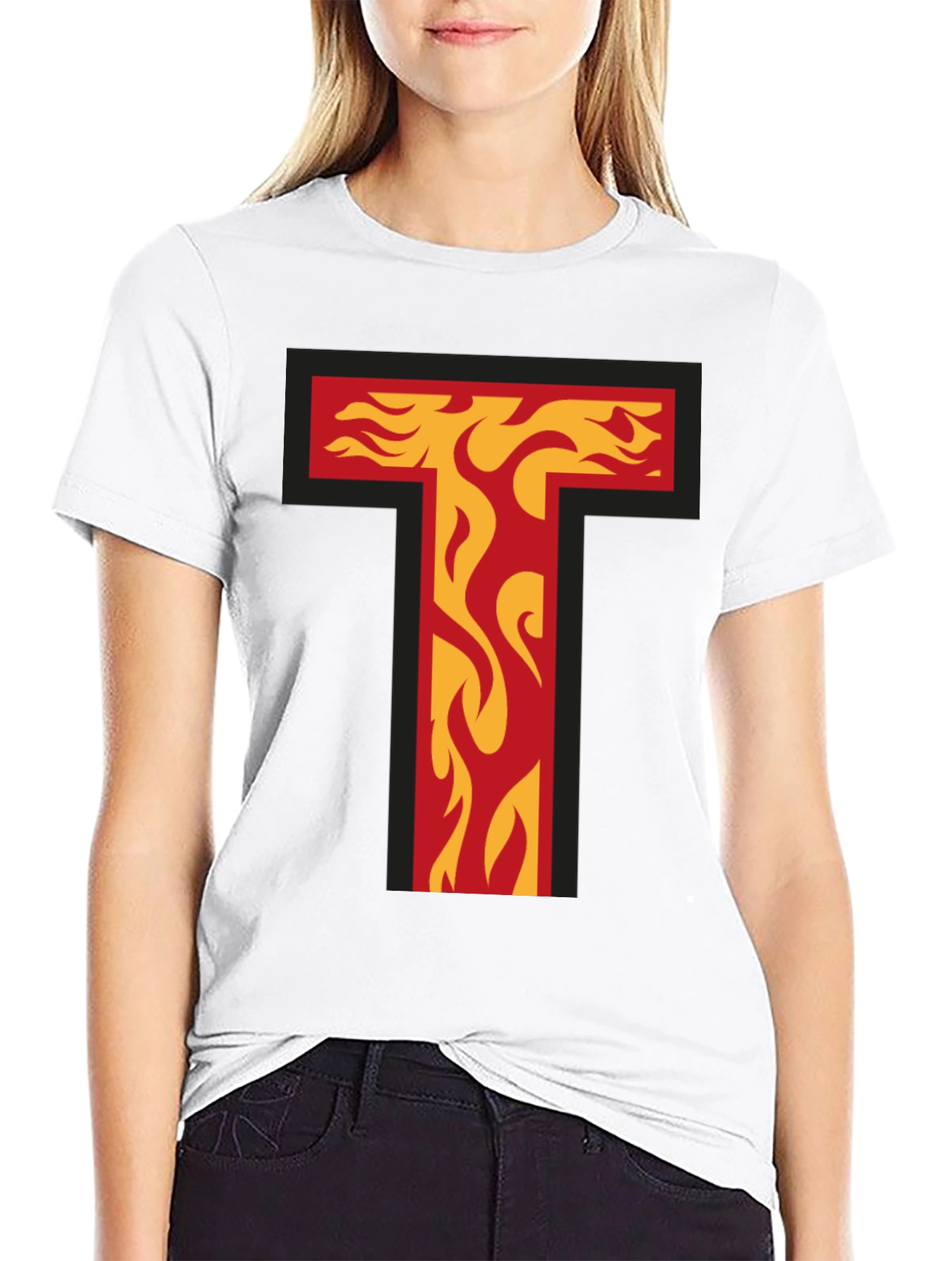 Fiery Letter T Graphic Tee - Bold Black T-Shirt