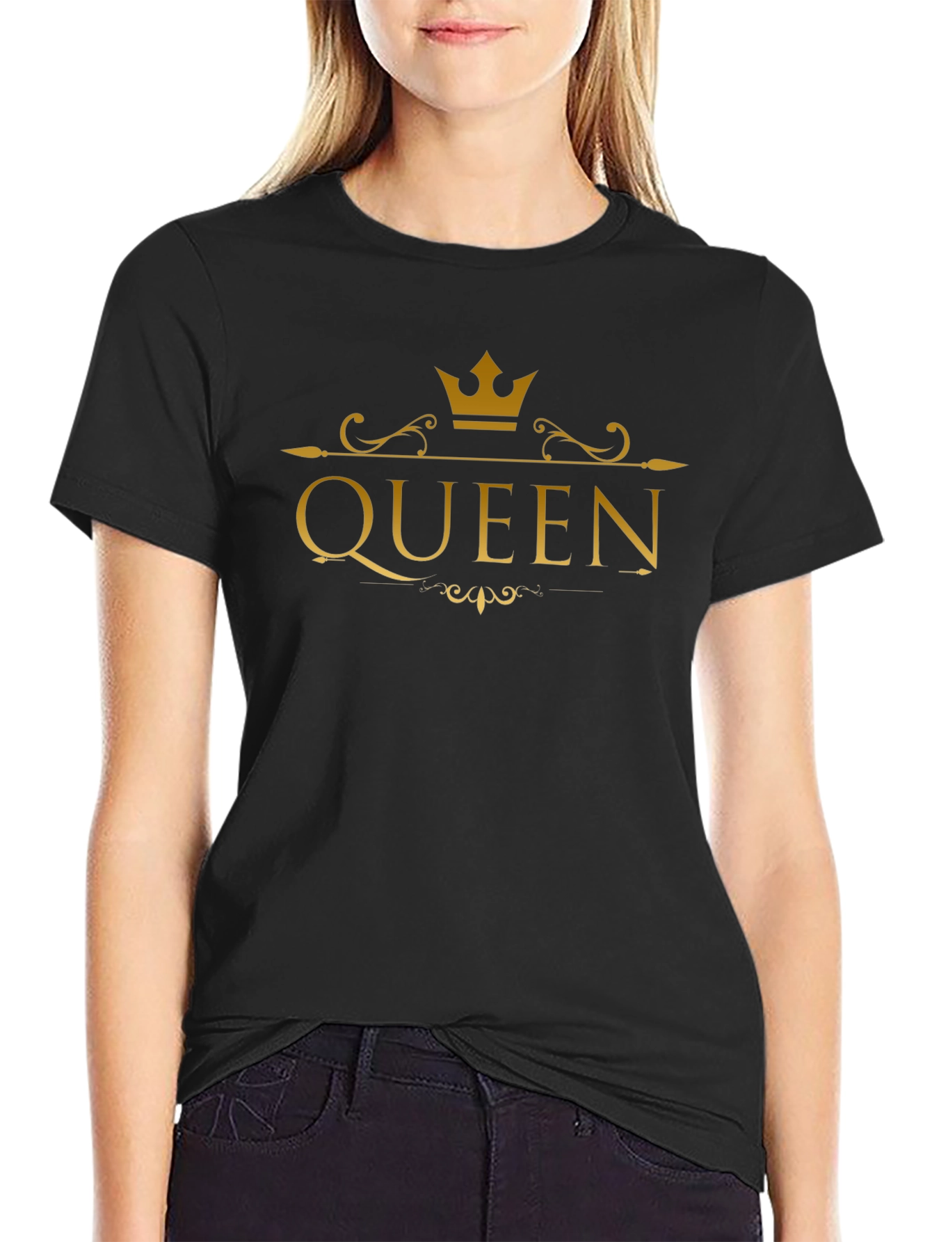 Queen Crown Gold Print Black T-Shirt
